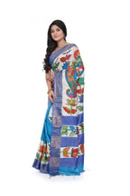 Pure Zari Border Tussar Paint Kantha Saree with Tarquish Blue Coloured