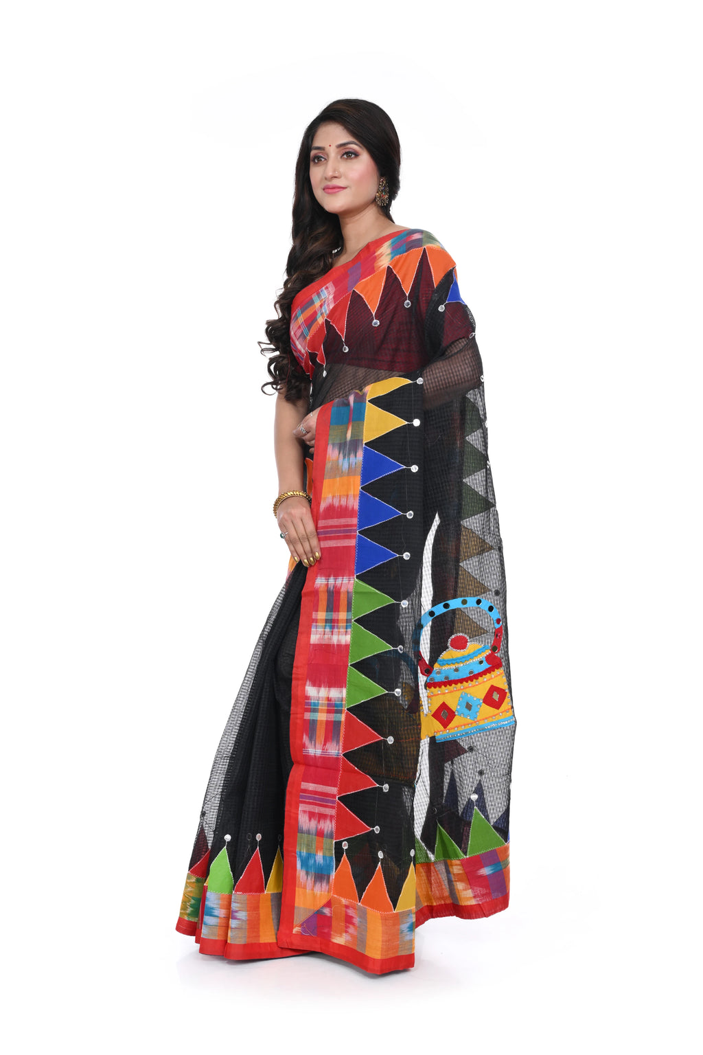 Reshom Kota Hand Decorated Black Saree with Kettle Motif