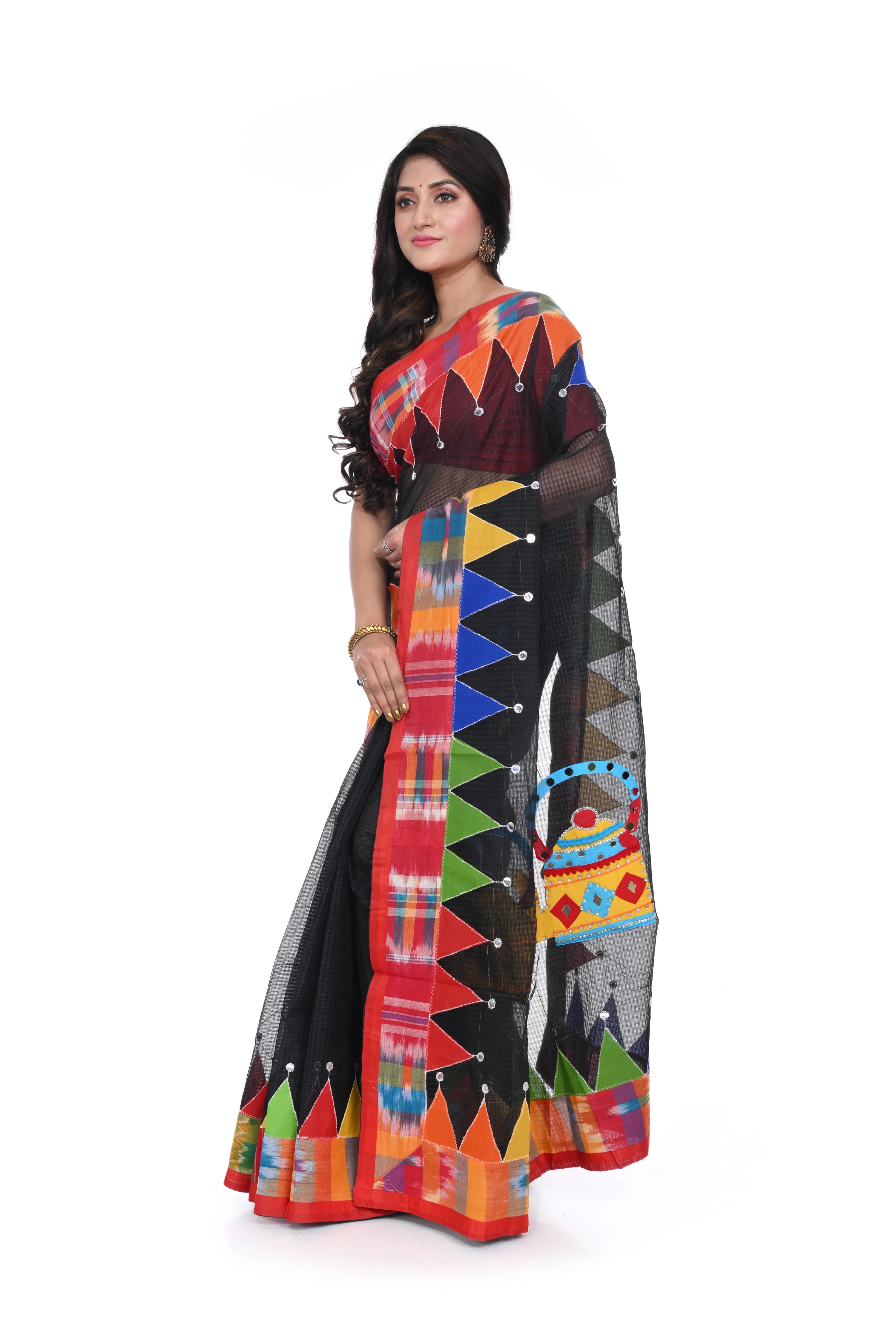 Reshom Kota Hand Decorated Black Saree with Kettle Motif