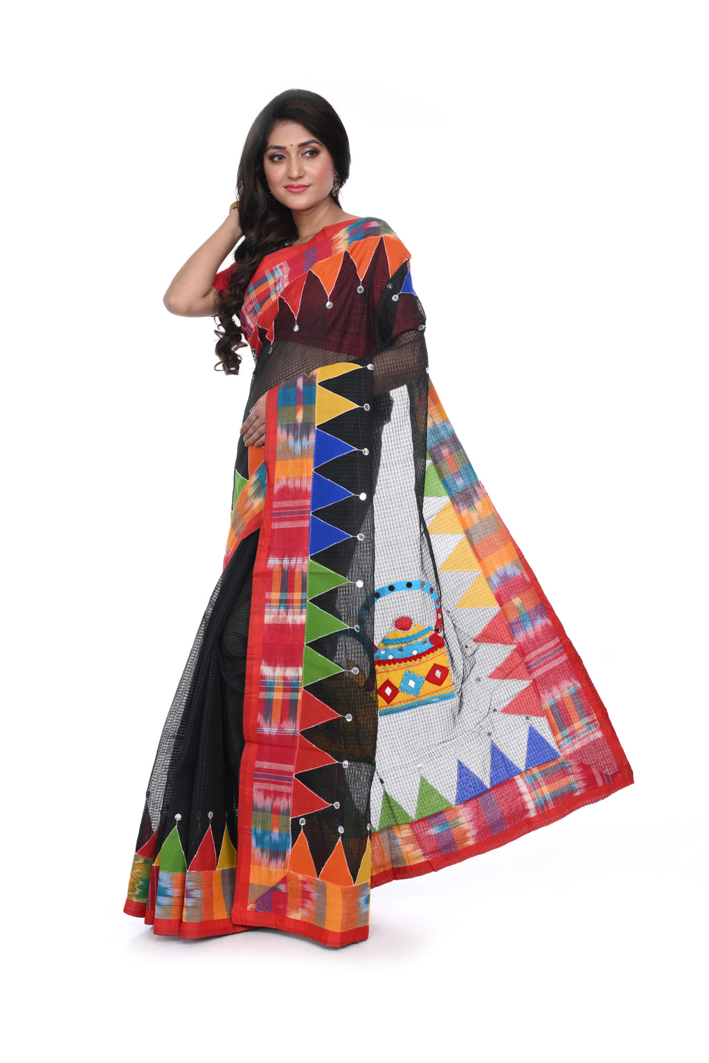 Reshom Kota Hand Decorated Black Saree with Kettle Motif