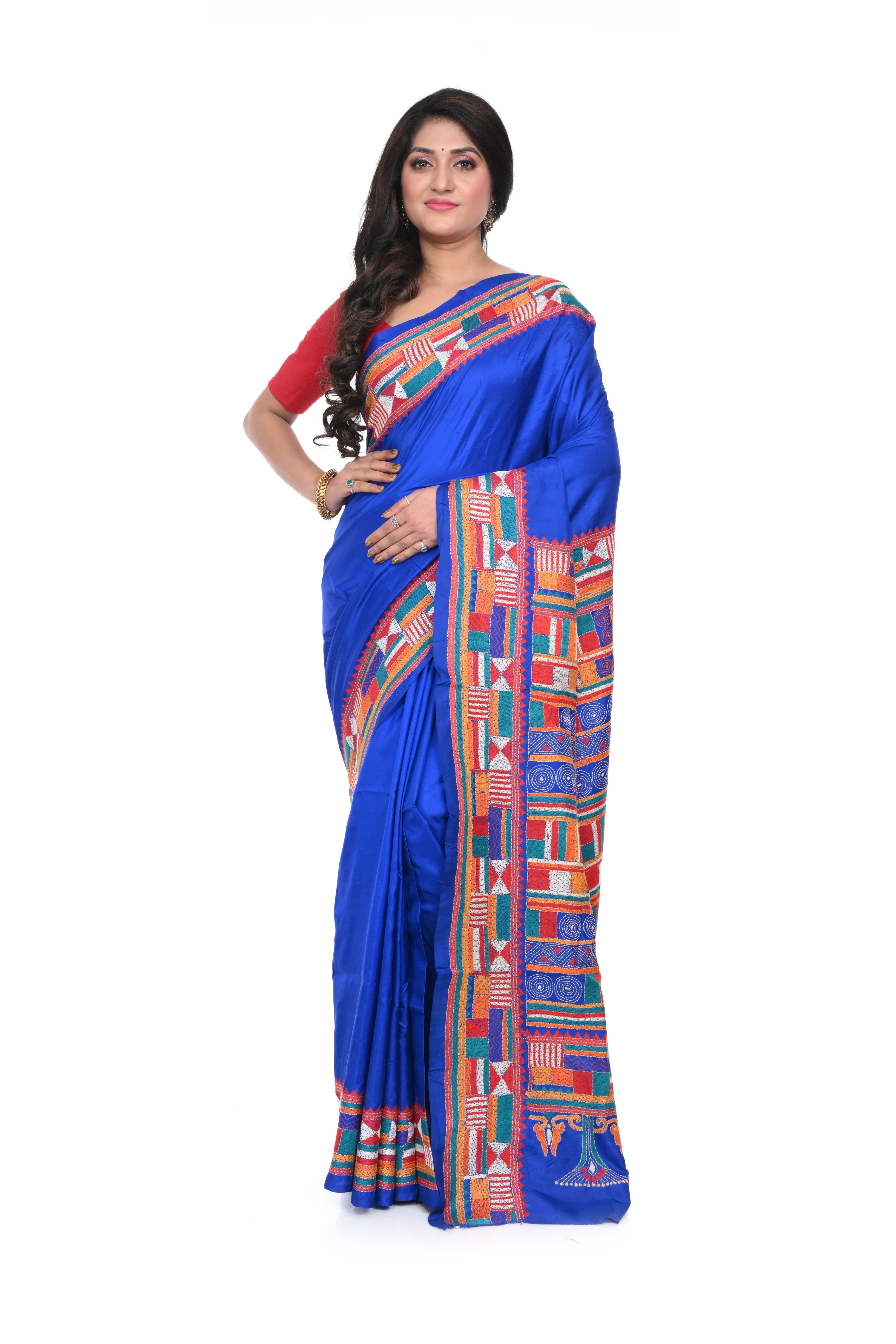 Royal Blue Geometric Pattern Kantha Stitch Saree on Pure Banglore Silk