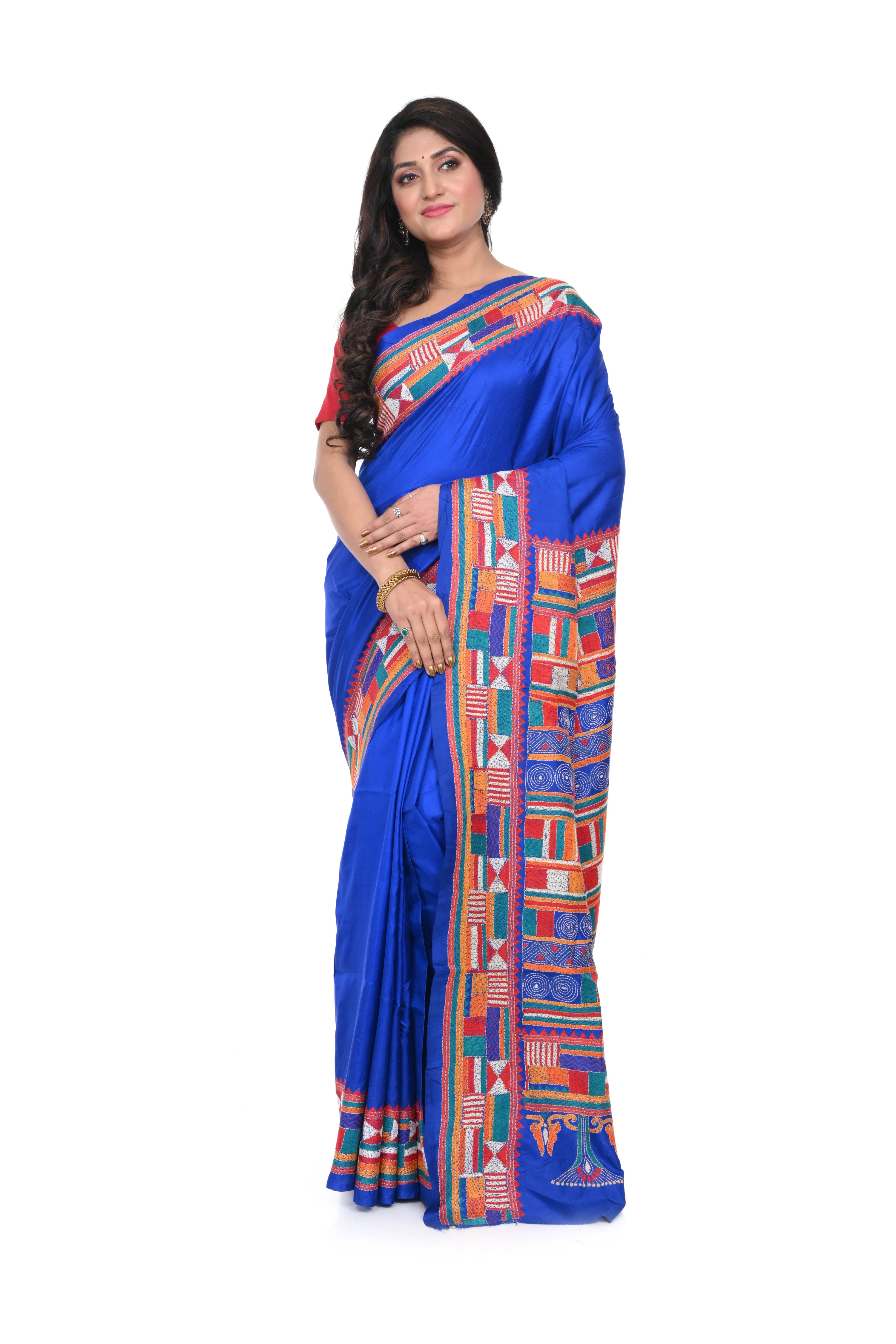 Royal Blue Geometric Pattern Kantha Stitch Saree on Pure Banglore Silk