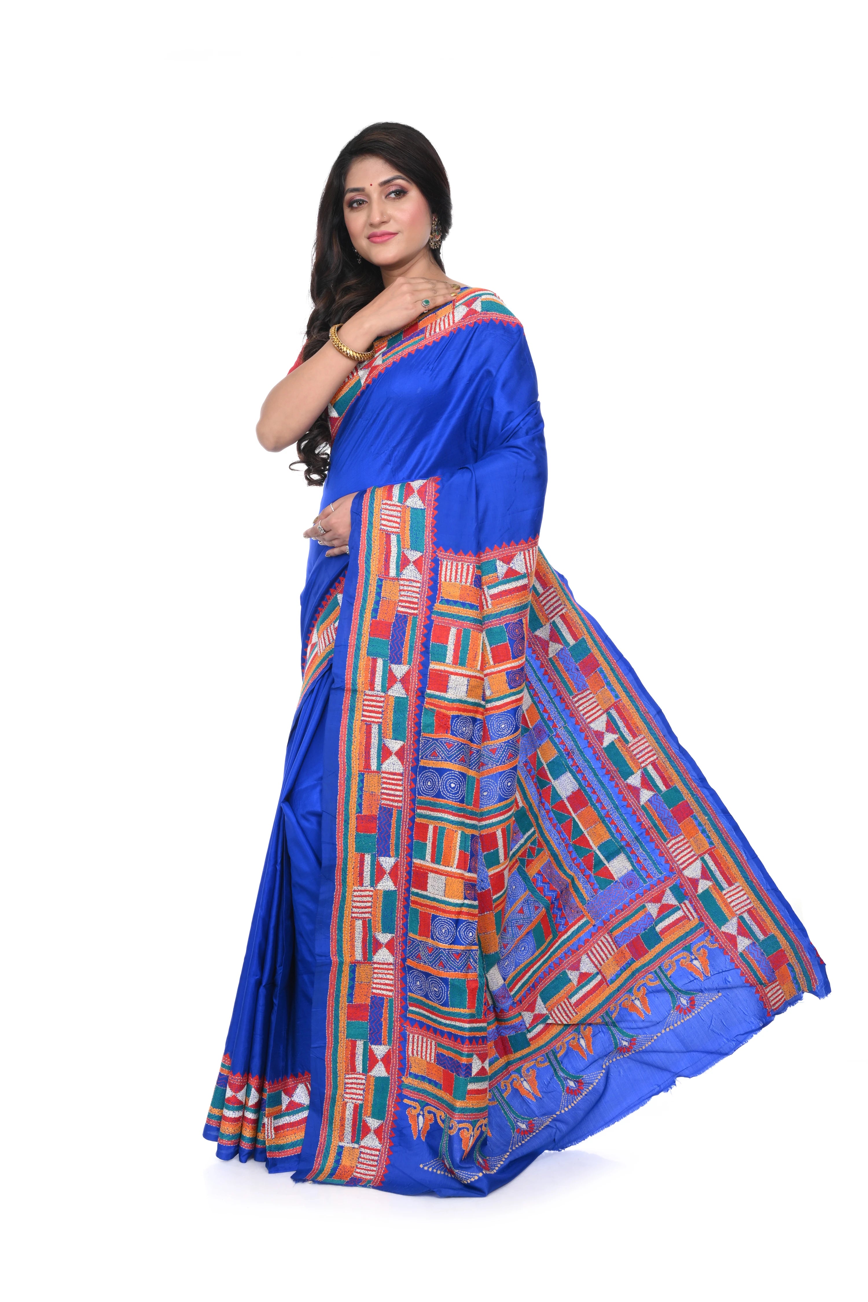 Royal Blue Geometric Pattern Kantha Stitch Saree on Pure Banglore Silk