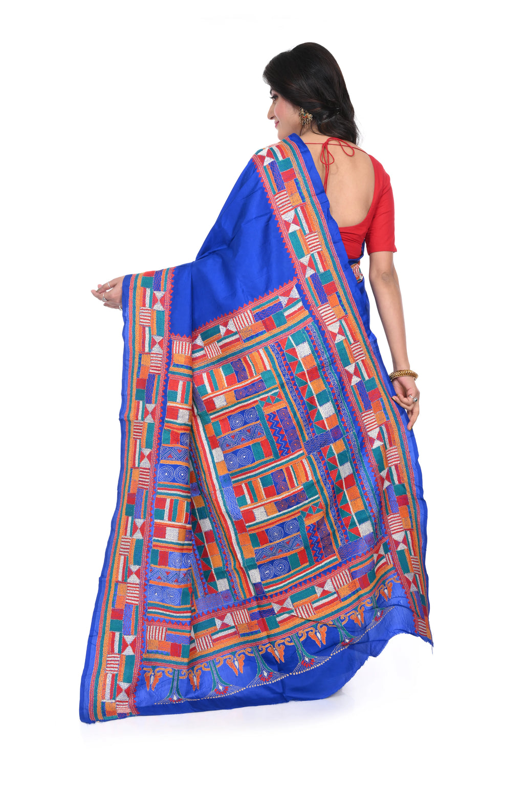 Royal Blue Geometric Pattern Kantha Stitch Saree on Pure Banglore Silk