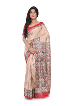 Pure Ghicha Silk Saree with Red Border Madhubani Painted