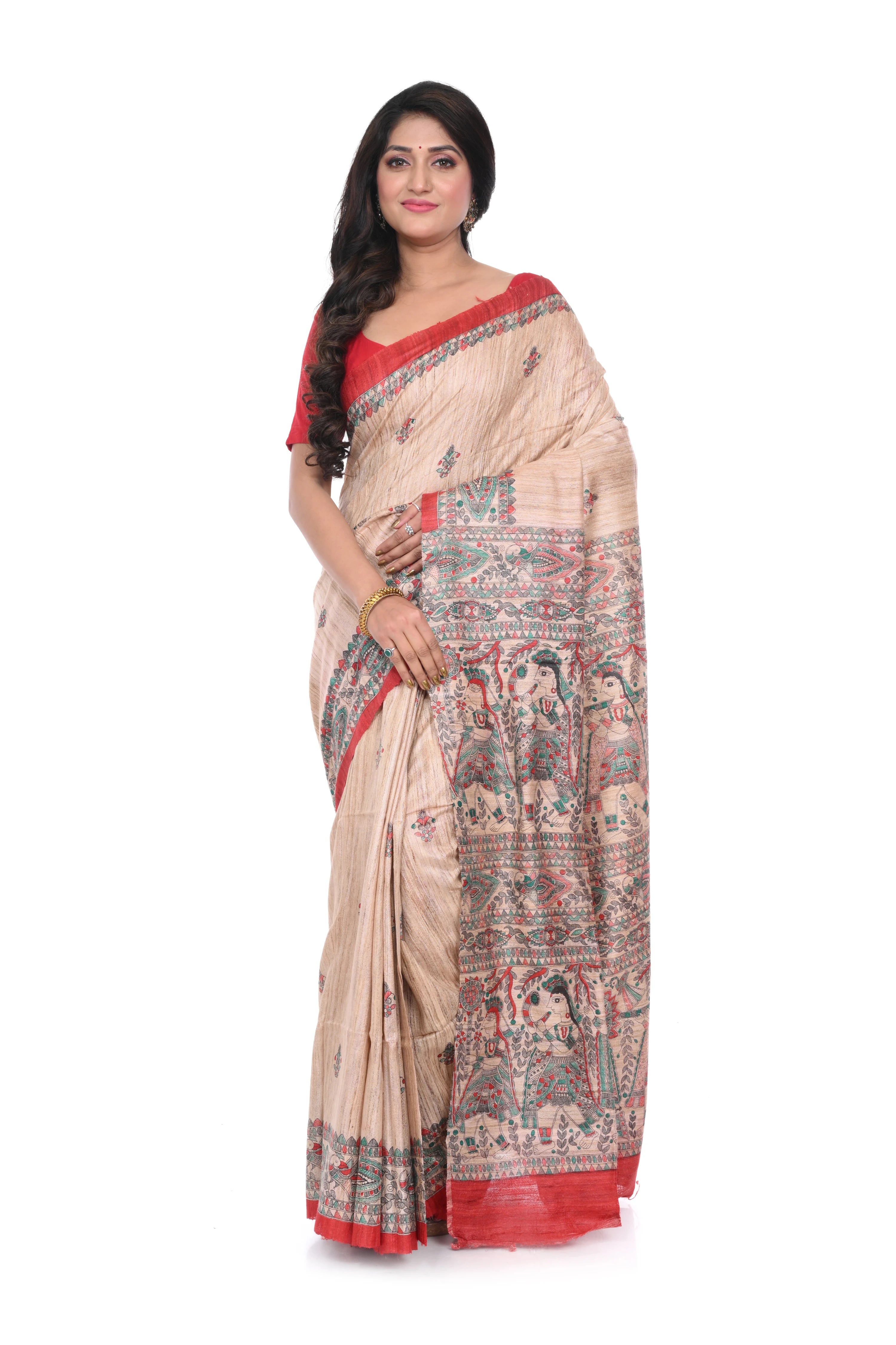 Pure Ghicha Silk Saree with Red Border Madhubani Painted