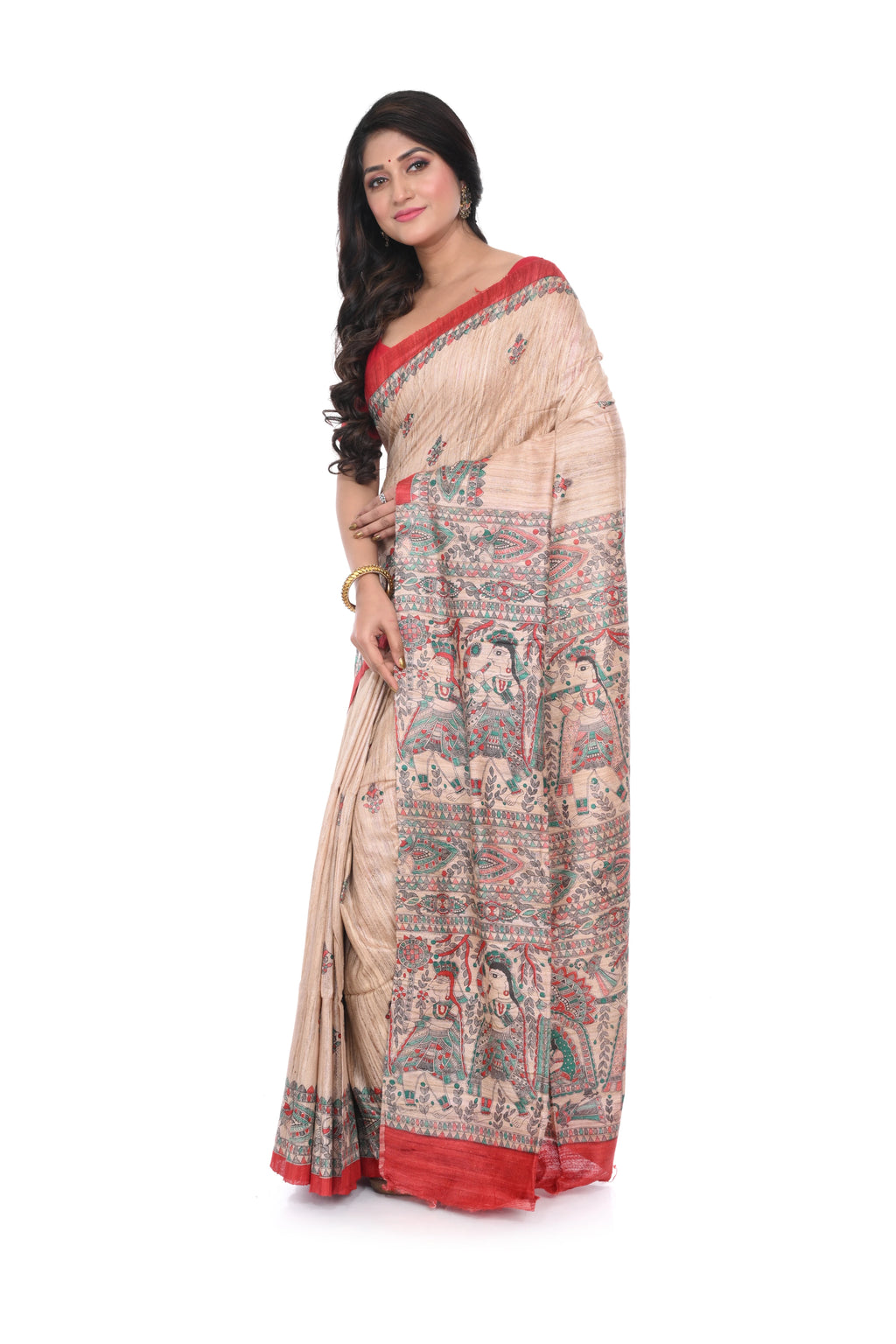 Pure Ghicha Silk Saree with Red Border Madhubani Painted