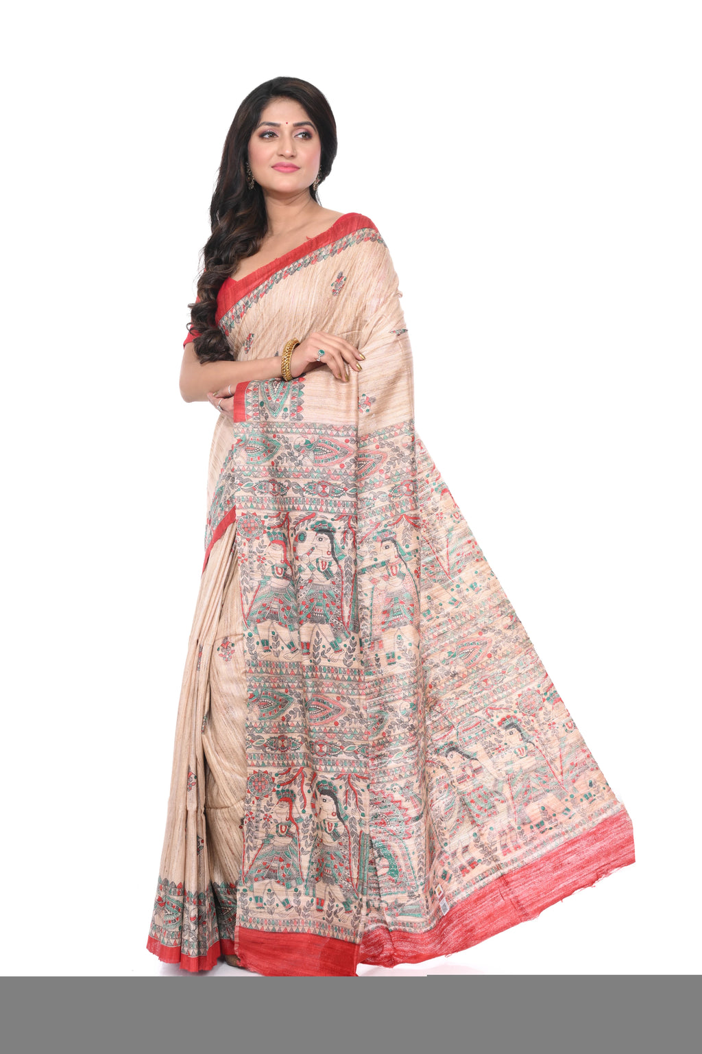 Pure Ghicha Silk Saree with Red Border Madhubani Painted