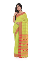Light Green Handloom Saree with Red Border and Red Stripe Pallu with Geometric Motif