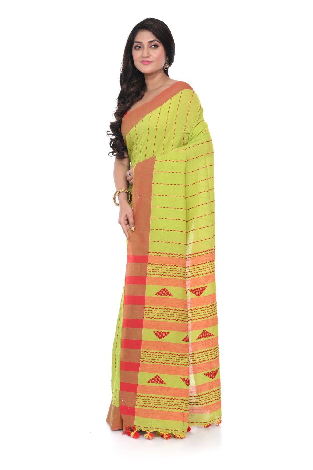 Light Green Handloom Saree with Red Border and Red Stripe Pallu with Geometric Motif