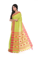 Light Green Handloom Saree with Red Border and Red Stripe Pallu with Geometric Motif