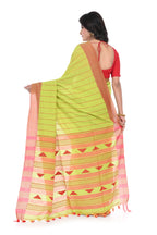 Light Green Handloom Saree with Red Border and Red Stripe Pallu with Geometric Motif