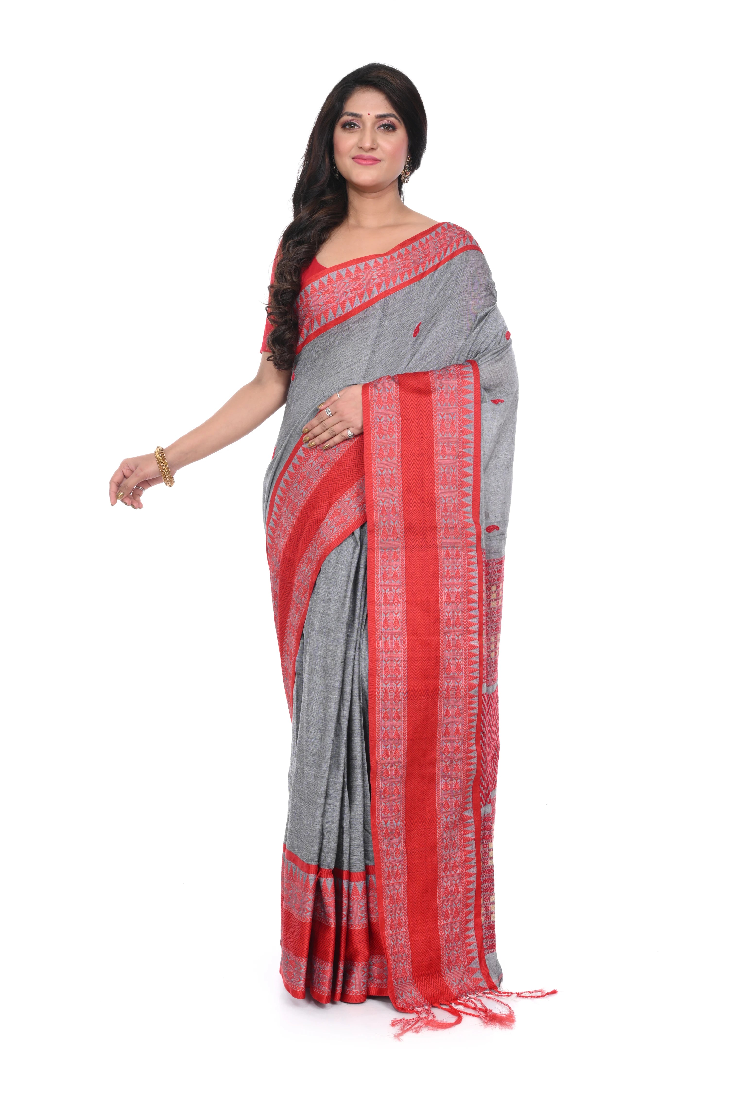 Red Mahapar Grey Colour Handloom Saree.