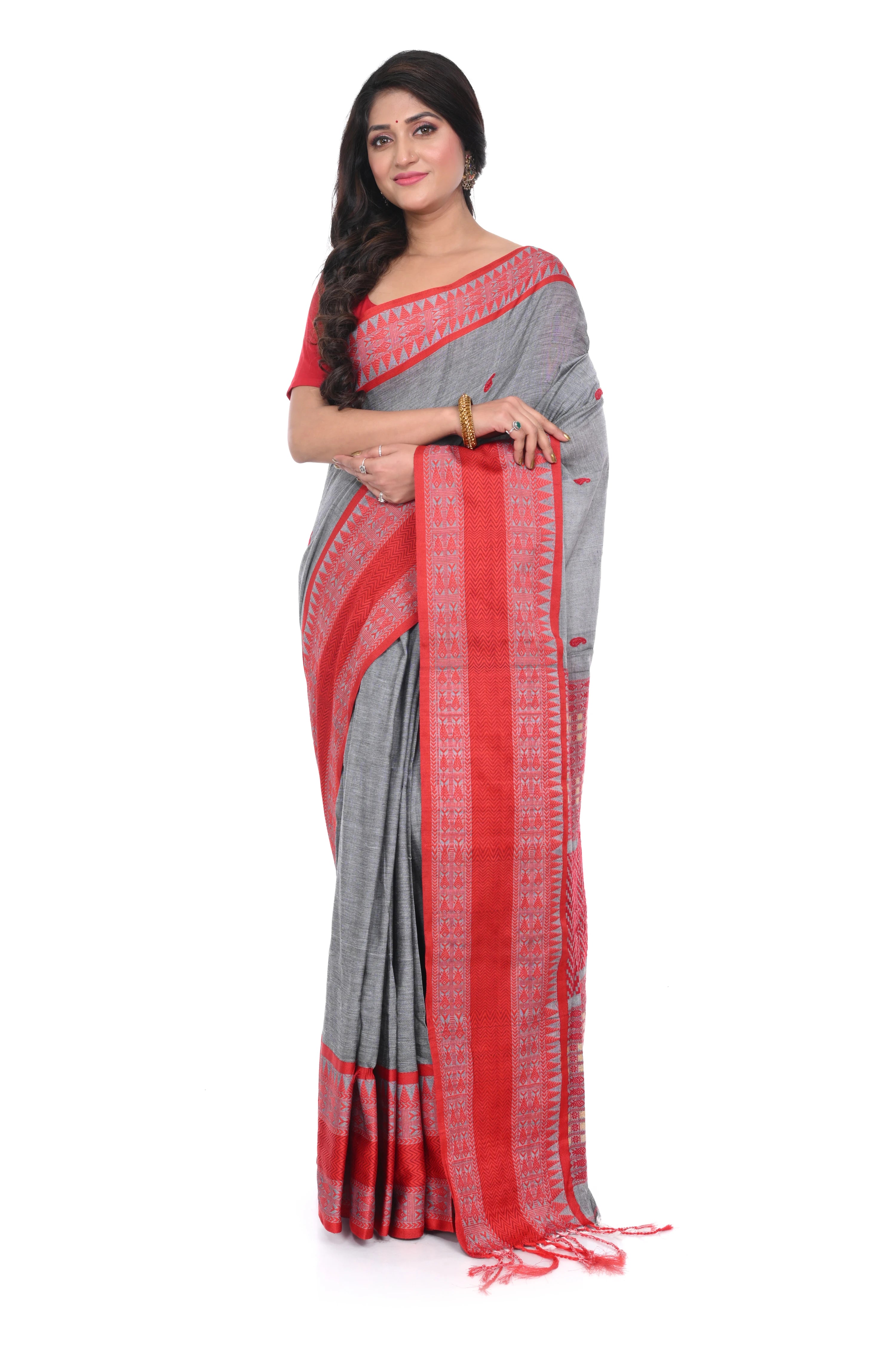Red Mahapar Grey Colour Handloom Saree.
