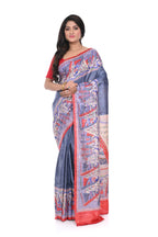 Pure Ghicha Silk Saree with Steel Colour and Red Border Madhubani Motif