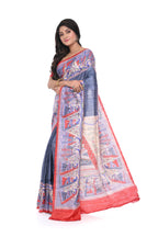 Pure Ghicha Silk Saree with Steel Colour and Red Border Madhubani Motif