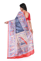 Pure Ghicha Silk Saree with Steel Colour and Red Border Madhubani Motif