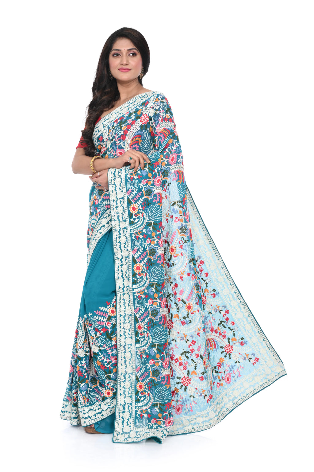 Pure Georgette Sea Green Saree with Kashmiri Machine Work
