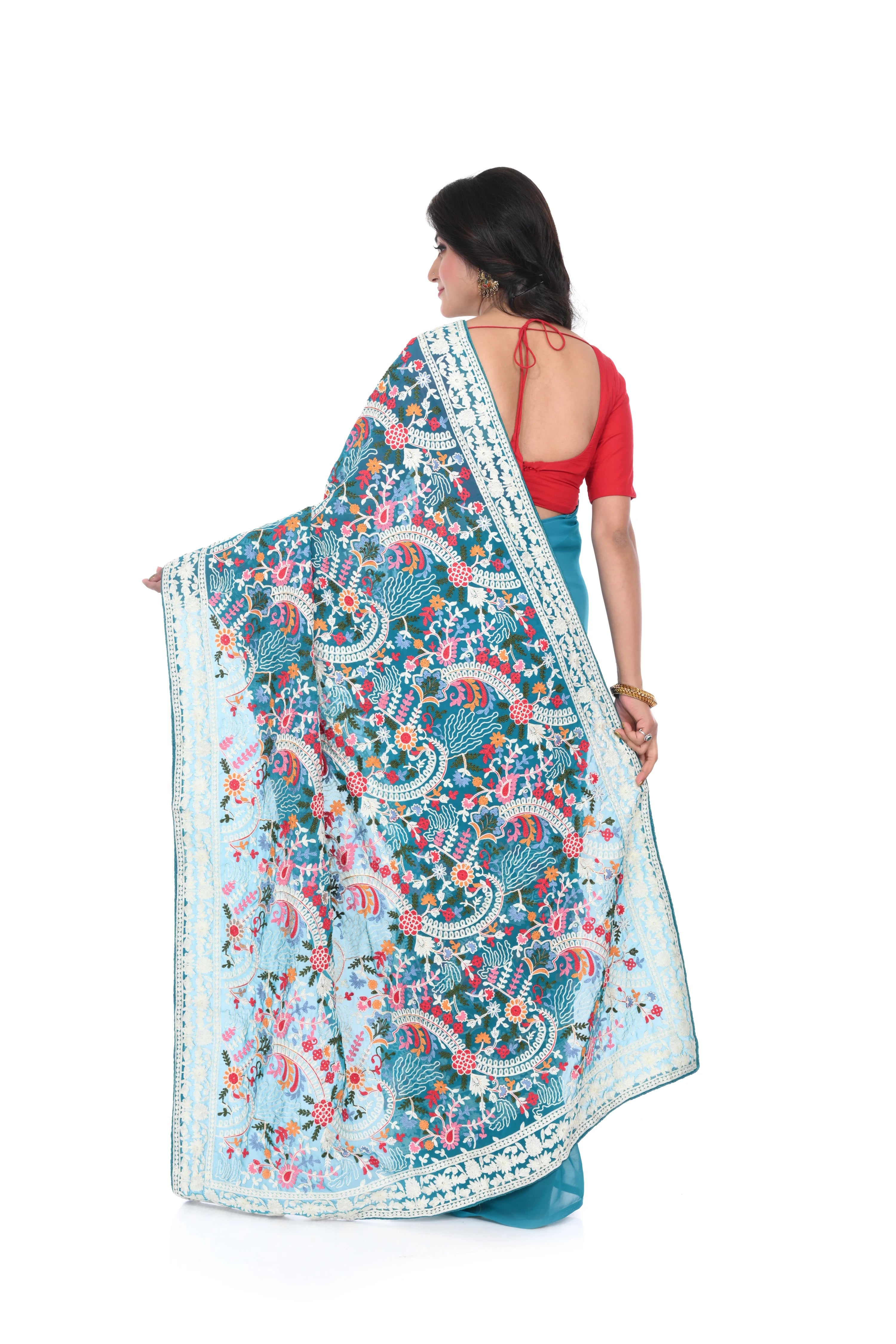 Pure Georgette Sea Green Saree with Kashmiri Machine Work