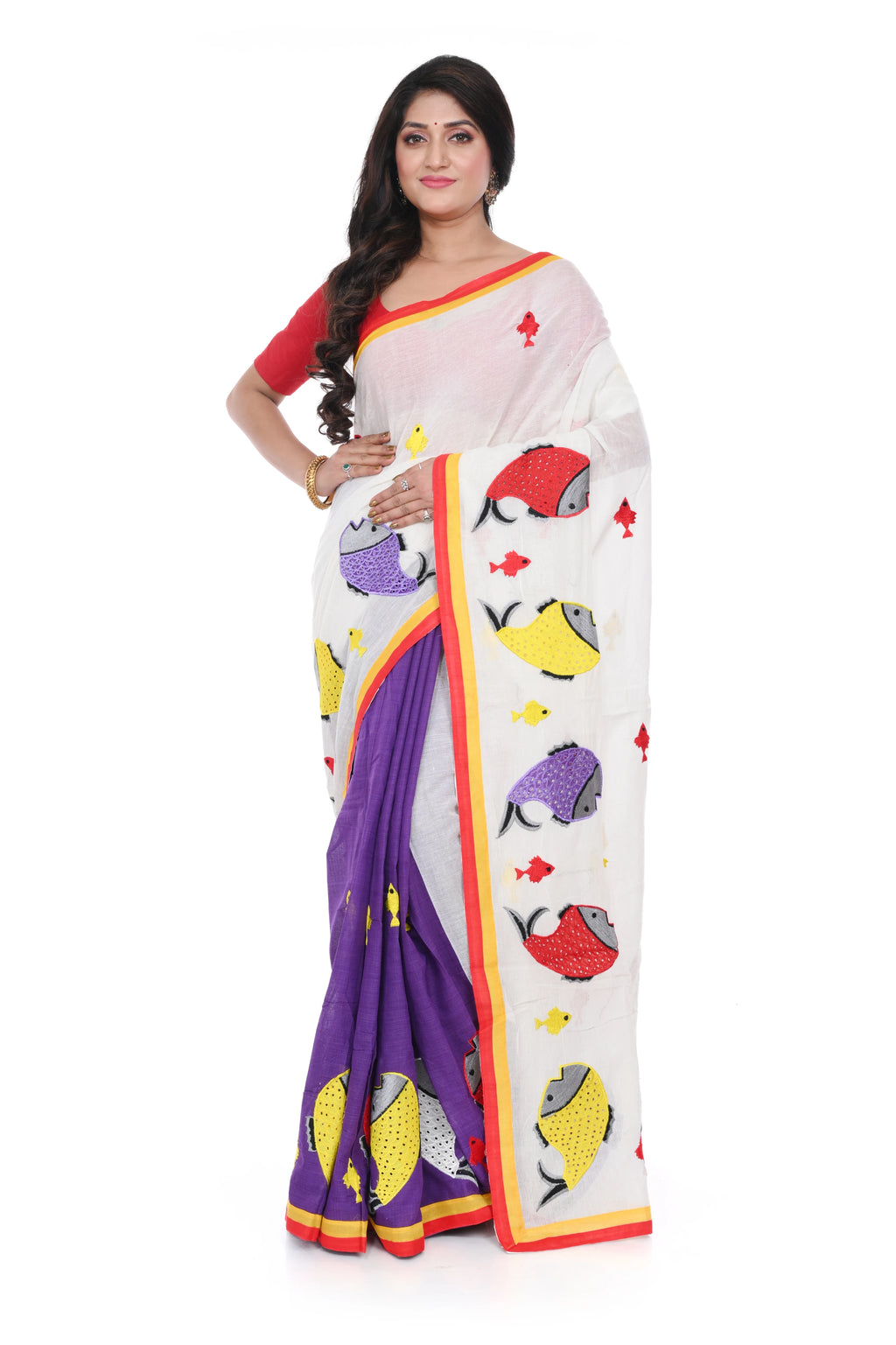 Bangladeshi Cotton Half White and Half Purple Saree with Fish Motif Applique