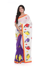Bangladeshi Cotton Half White and Half Purple Saree with Fish Motif Applique