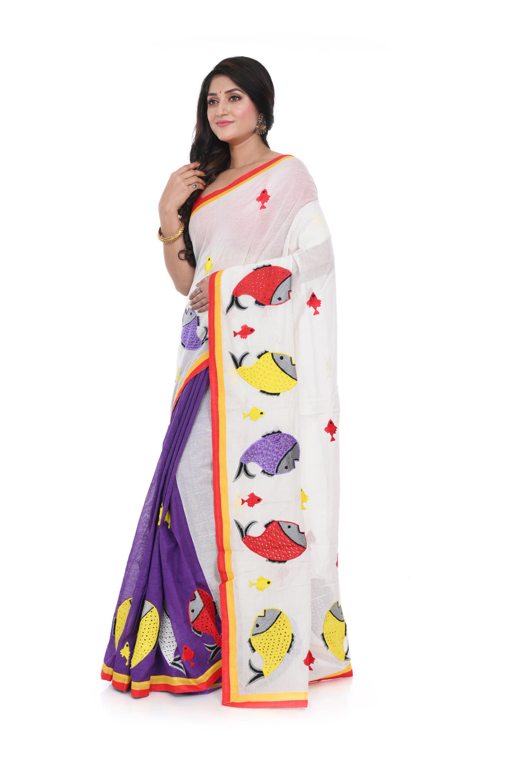 Bangladeshi Cotton Half White and Half Purple Saree with Fish Motif Applique
