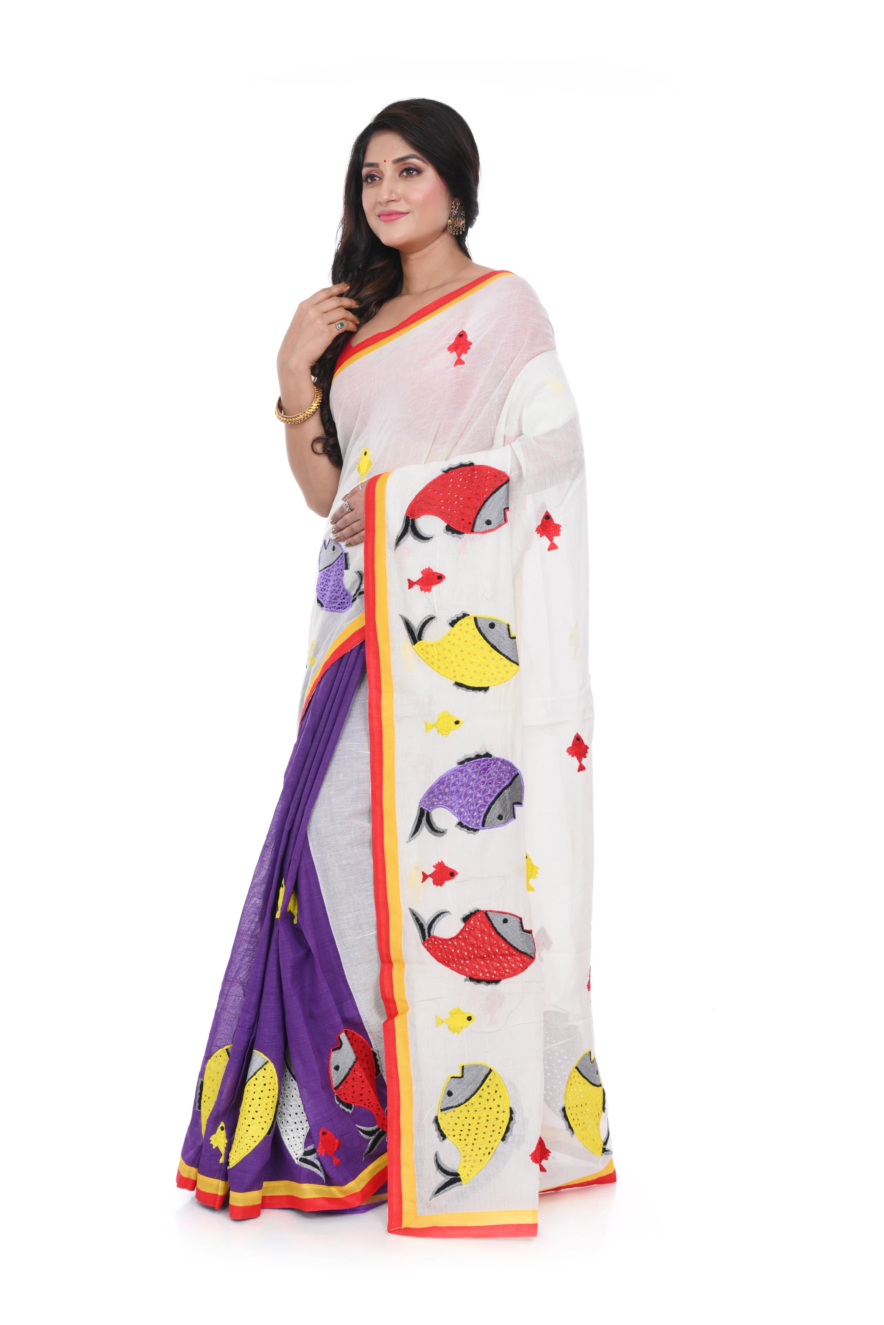 Bangladeshi Cotton Half White and Half Purple Saree with Fish Motif Applique