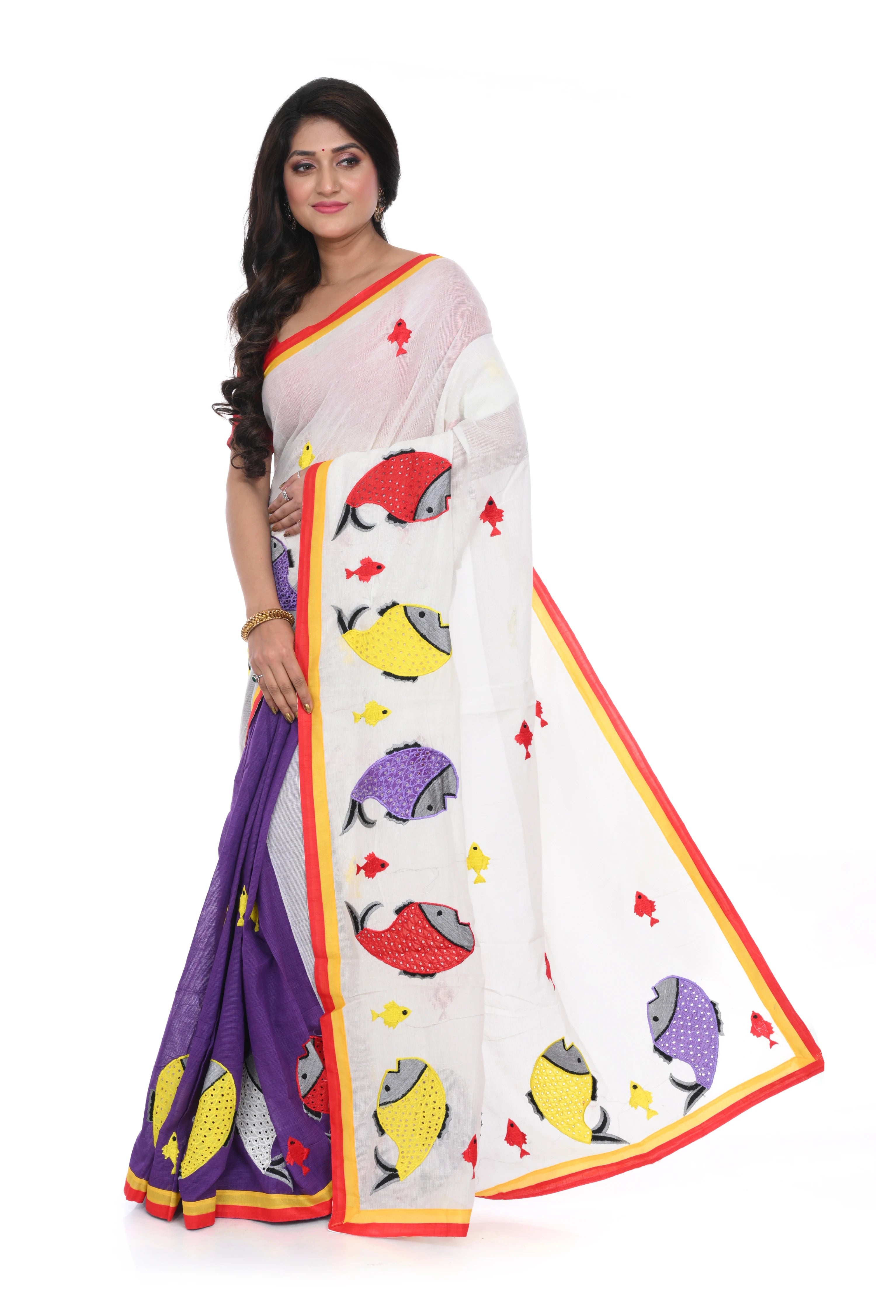 Bangladeshi Cotton Half White and Half Purple Saree with Fish Motif Applique