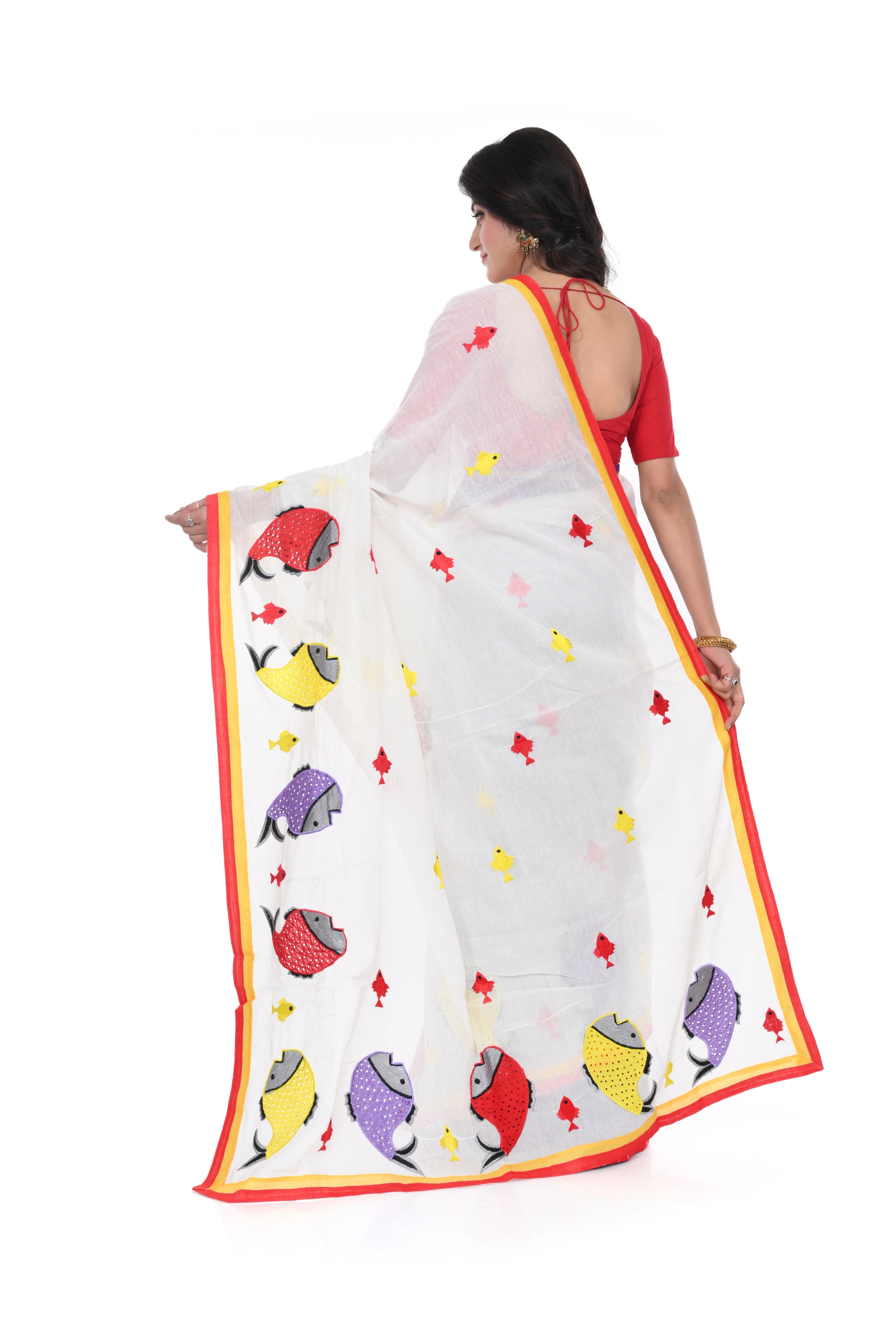 Bangladeshi Cotton Half White and Half Purple Saree with Fish Motif Applique