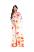 Red Yellow Fish Motif Appliqué Saree on White Reshom Kota
