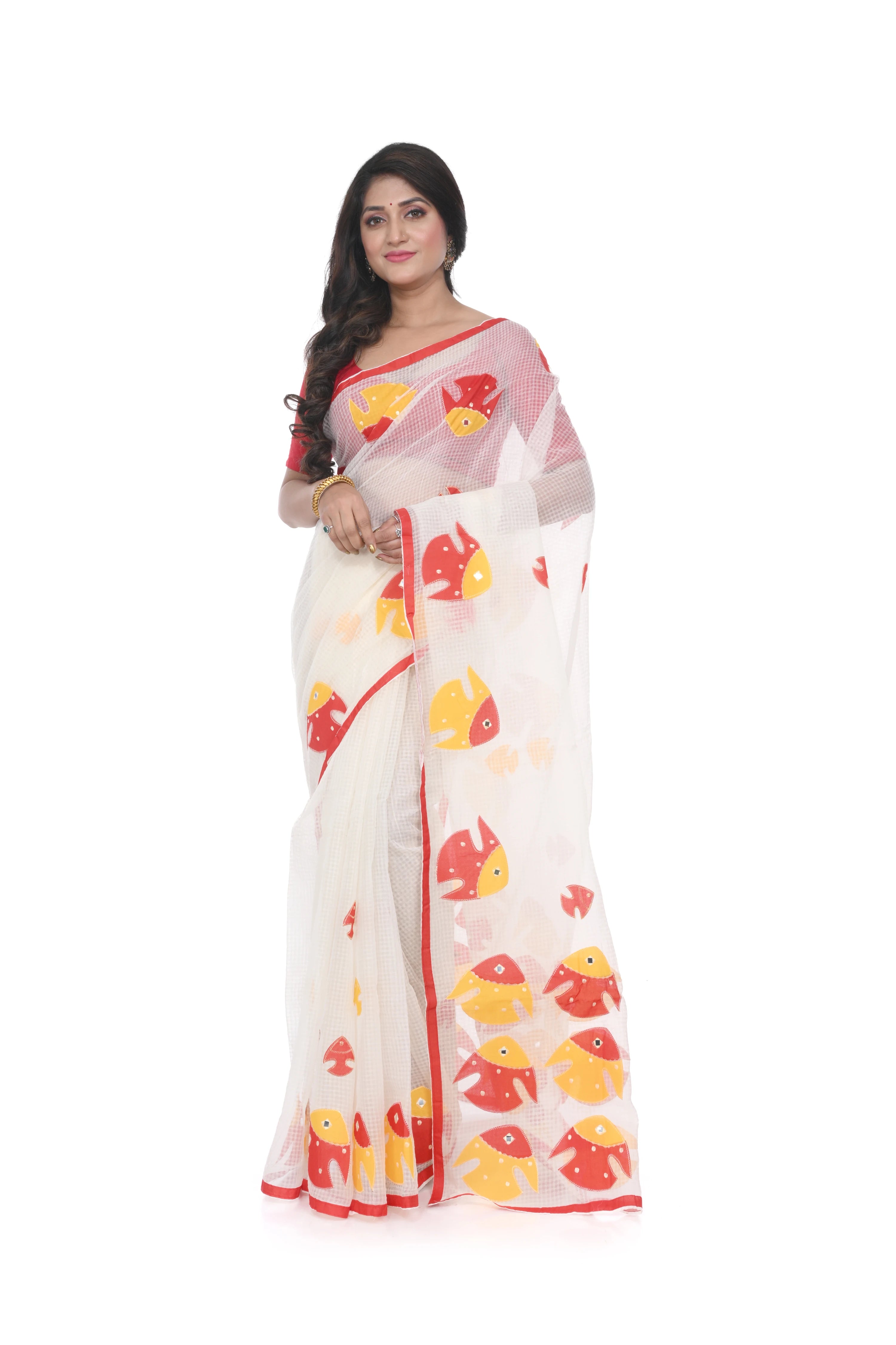 Red Yellow Fish Motif Appliqué Saree on White Reshom Kota