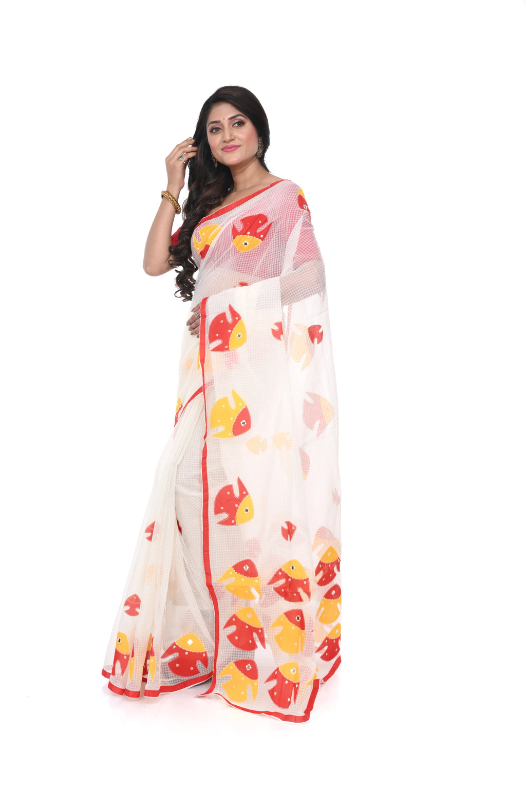 Red Yellow Fish Motif Appliqué Saree on White Reshom Kota