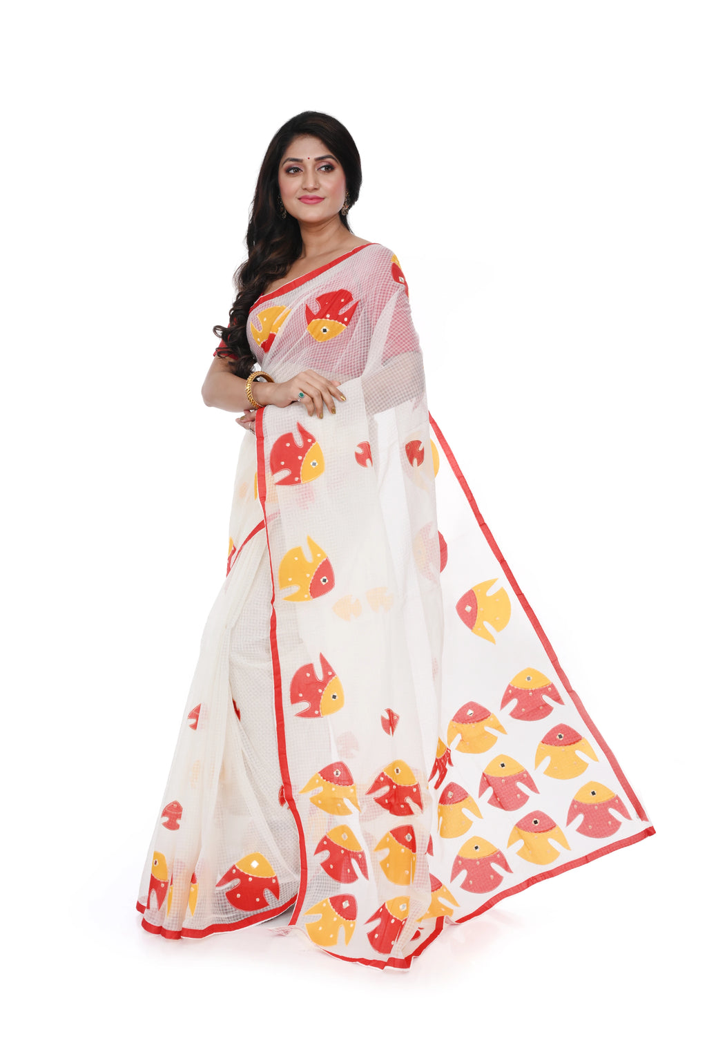 Red Yellow Fish Motif Appliqué Saree on White Reshom Kota
