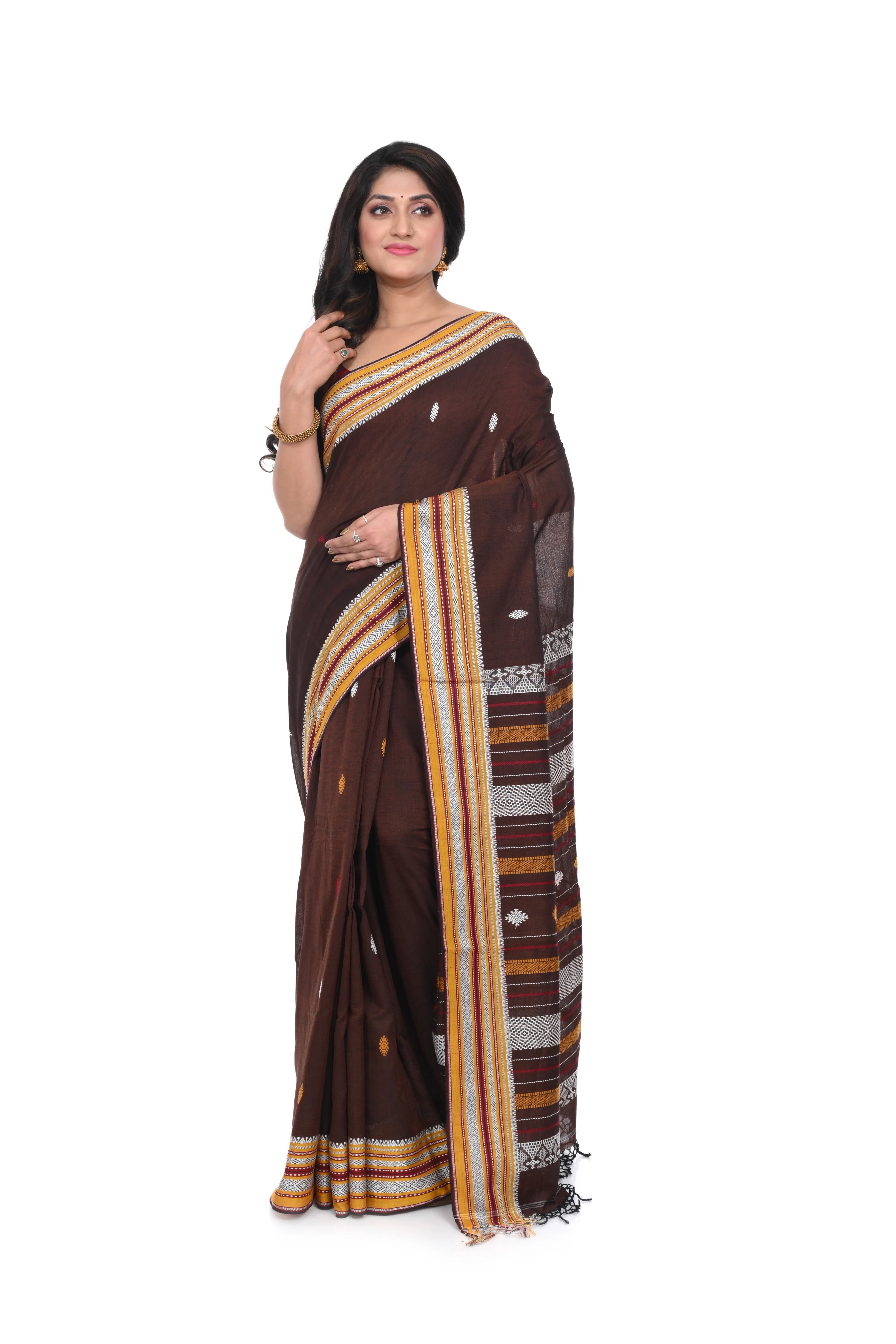 Pure Brown Coloured Handloom Cotton Saree with Bhujodi Worked Anchal Different Colours