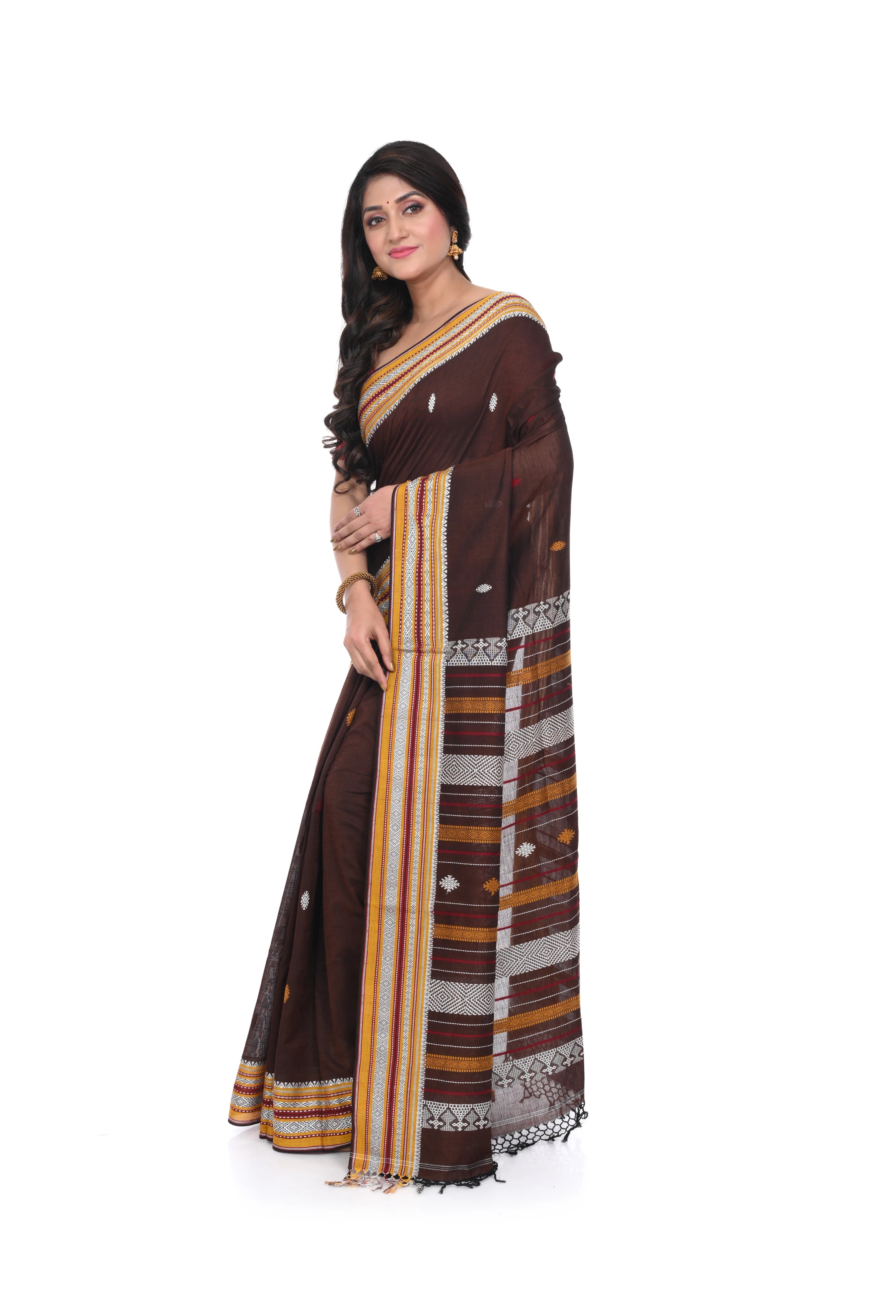 Pure Brown Coloured Handloom Cotton Saree with Bhujodi Worked Anchal Different Colours