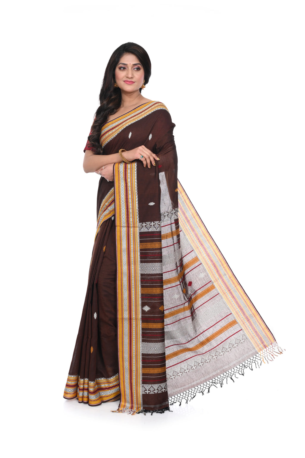 Pure Brown Coloured Handloom Cotton Saree with Bhujodi Worked Anchal Different Colours