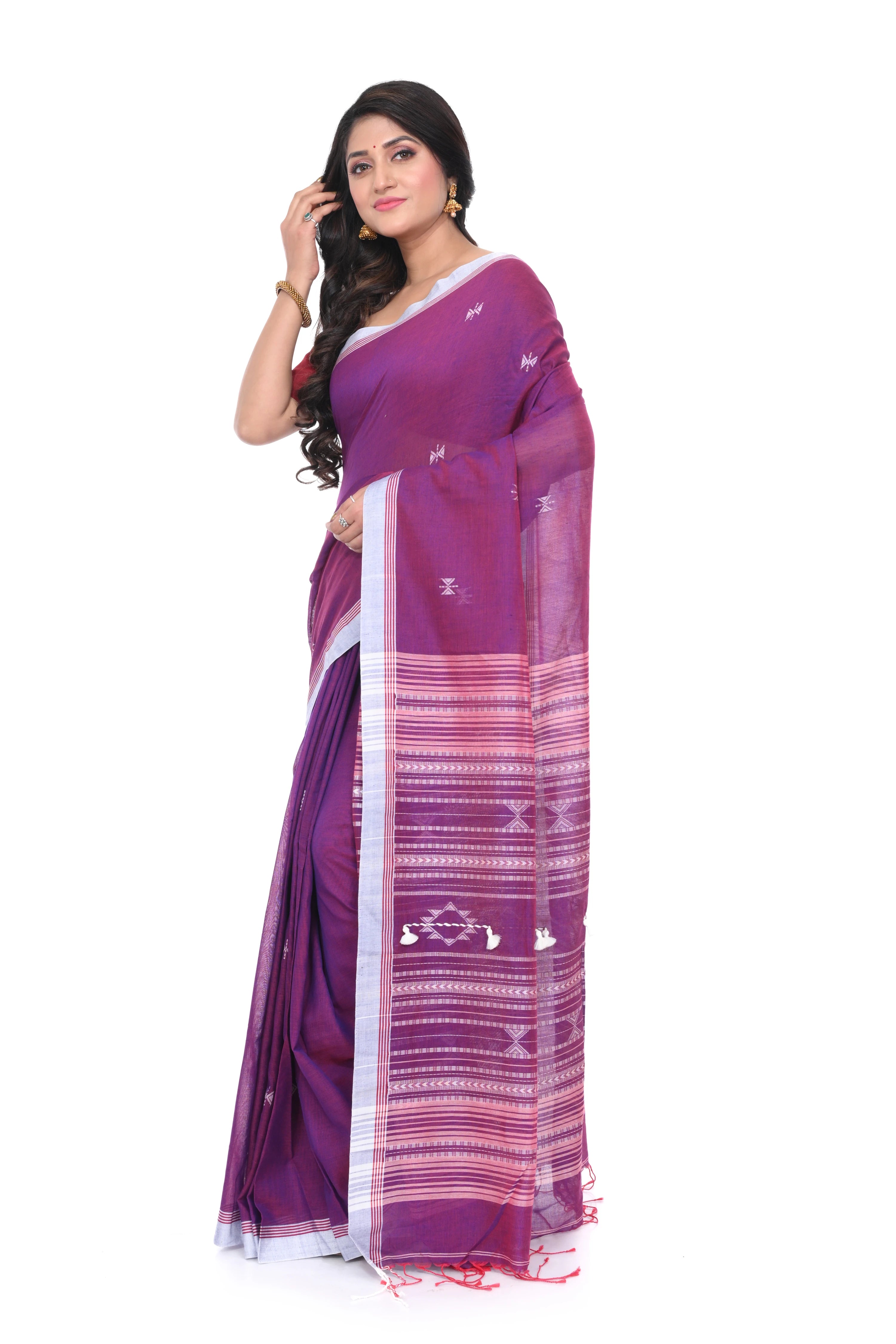 Handloom Cotton Saree with Purple Pink White Contrast and Heavy Pallu Worked