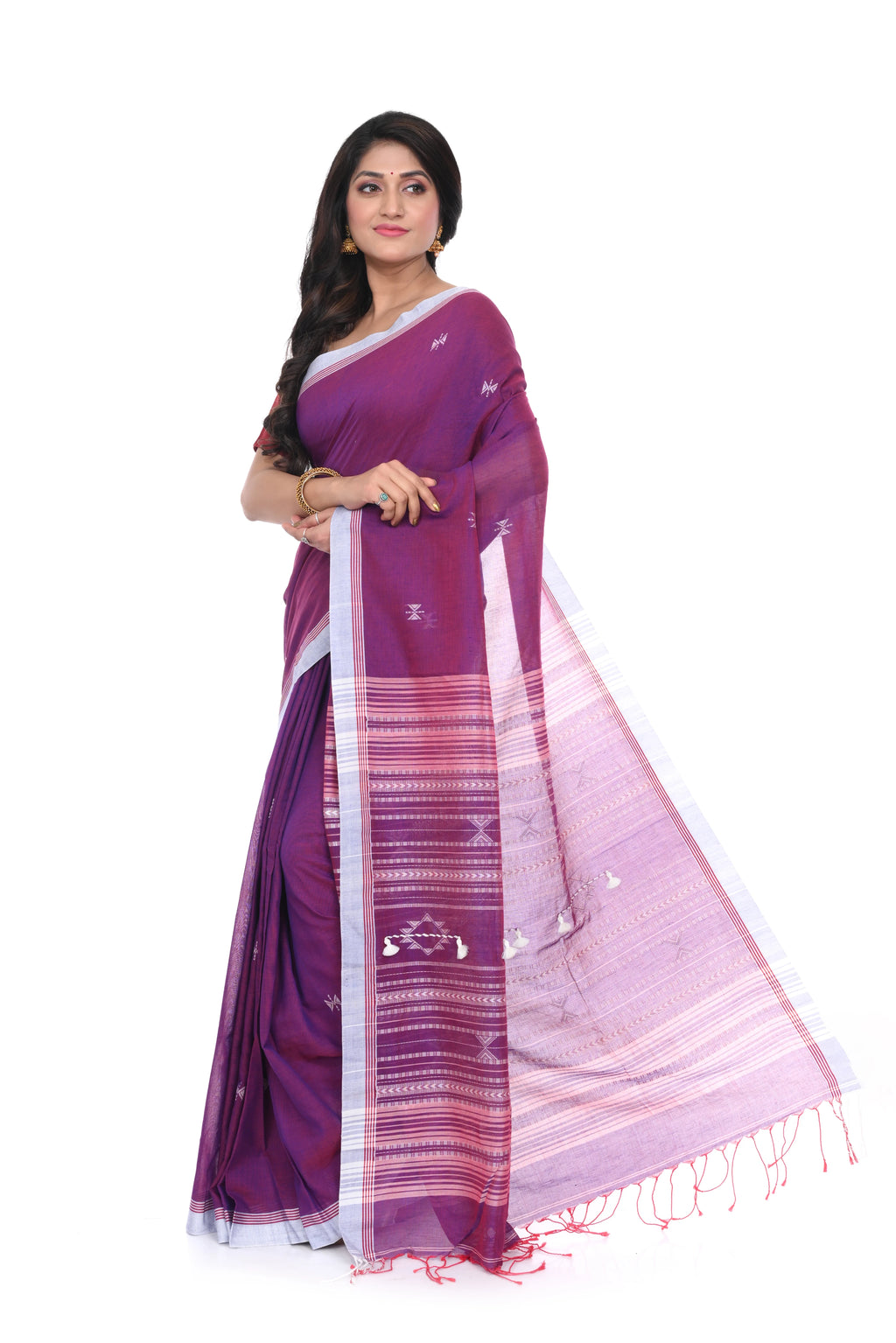 Handloom Cotton Saree with Purple Pink White Contrast and Heavy Pallu Worked