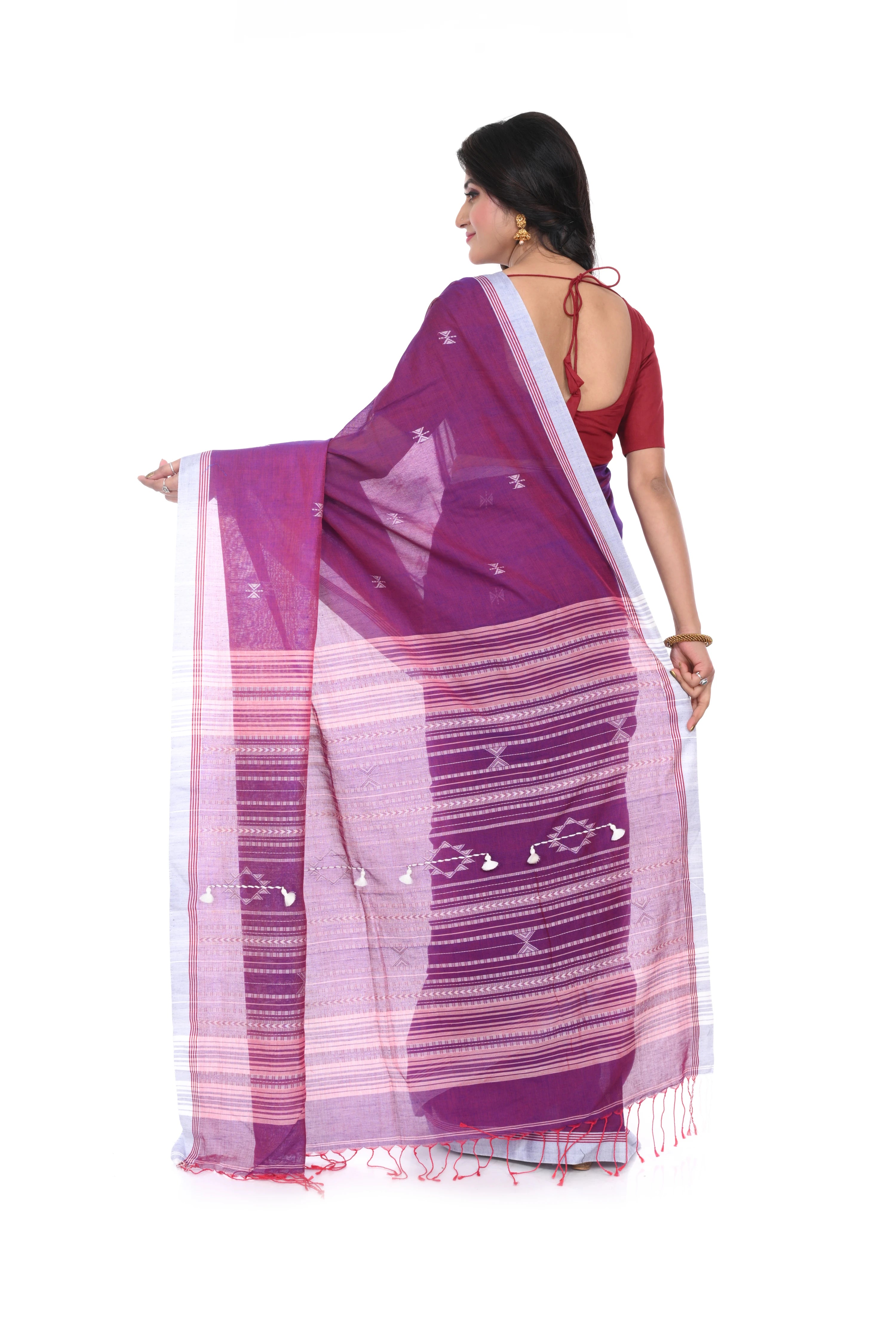 Handloom Cotton Saree with Purple Pink White Contrast and Heavy Pallu Worked