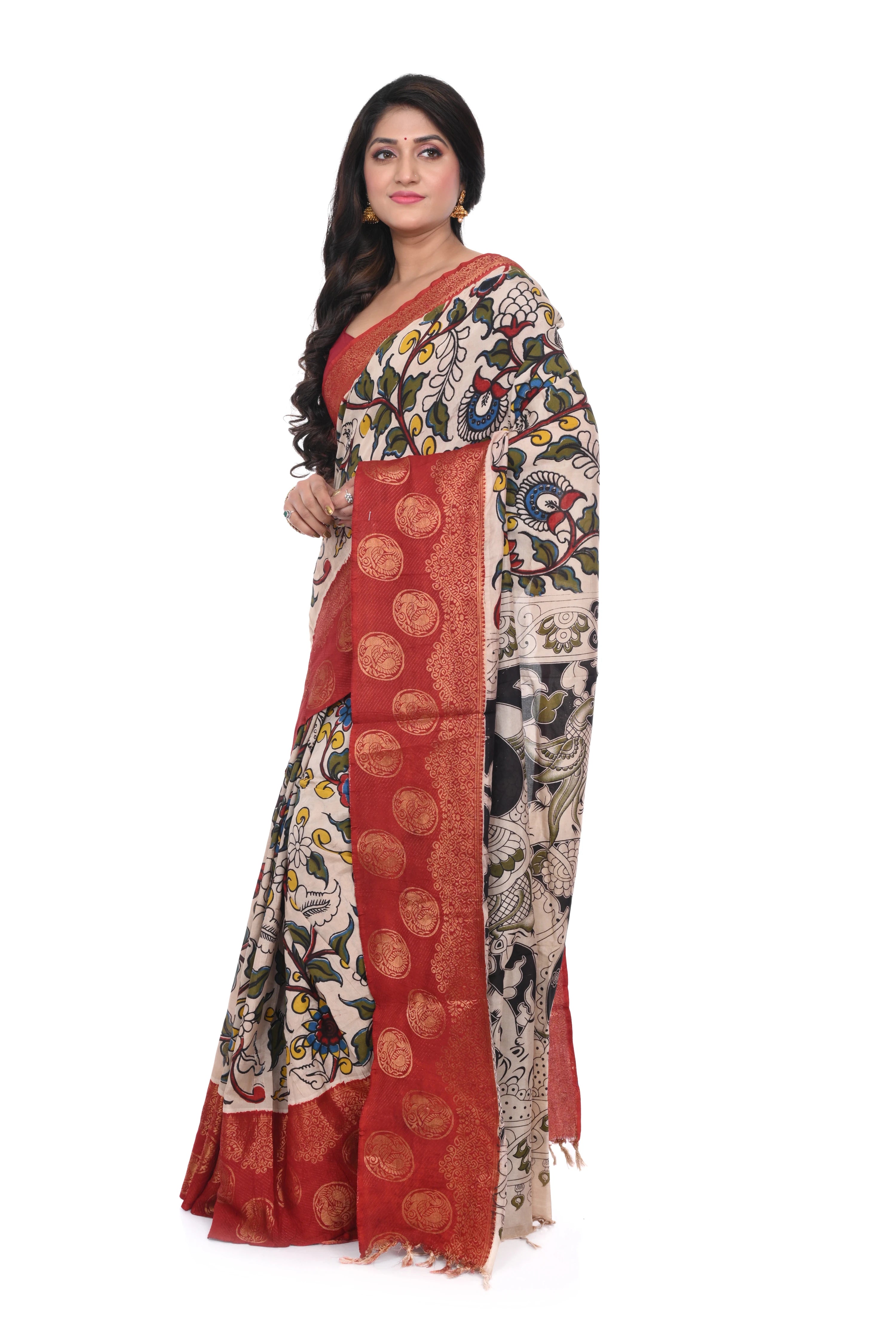 Red Kalamkari Print Saree with Nandi Print Zari Border on Nellore Silk