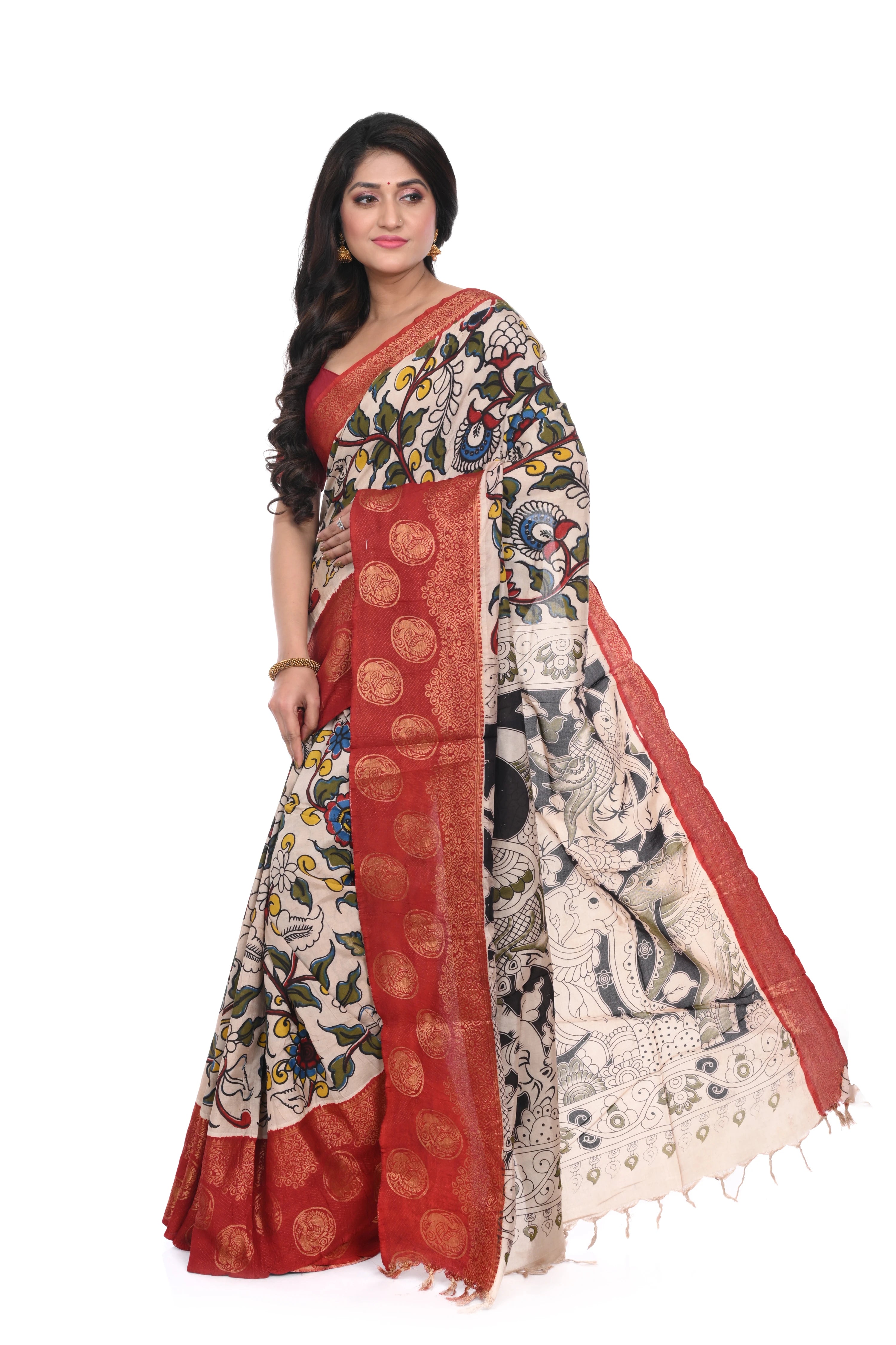 Red Kalamkari Print Saree with Nandi Print Zari Border on Nellore Silk
