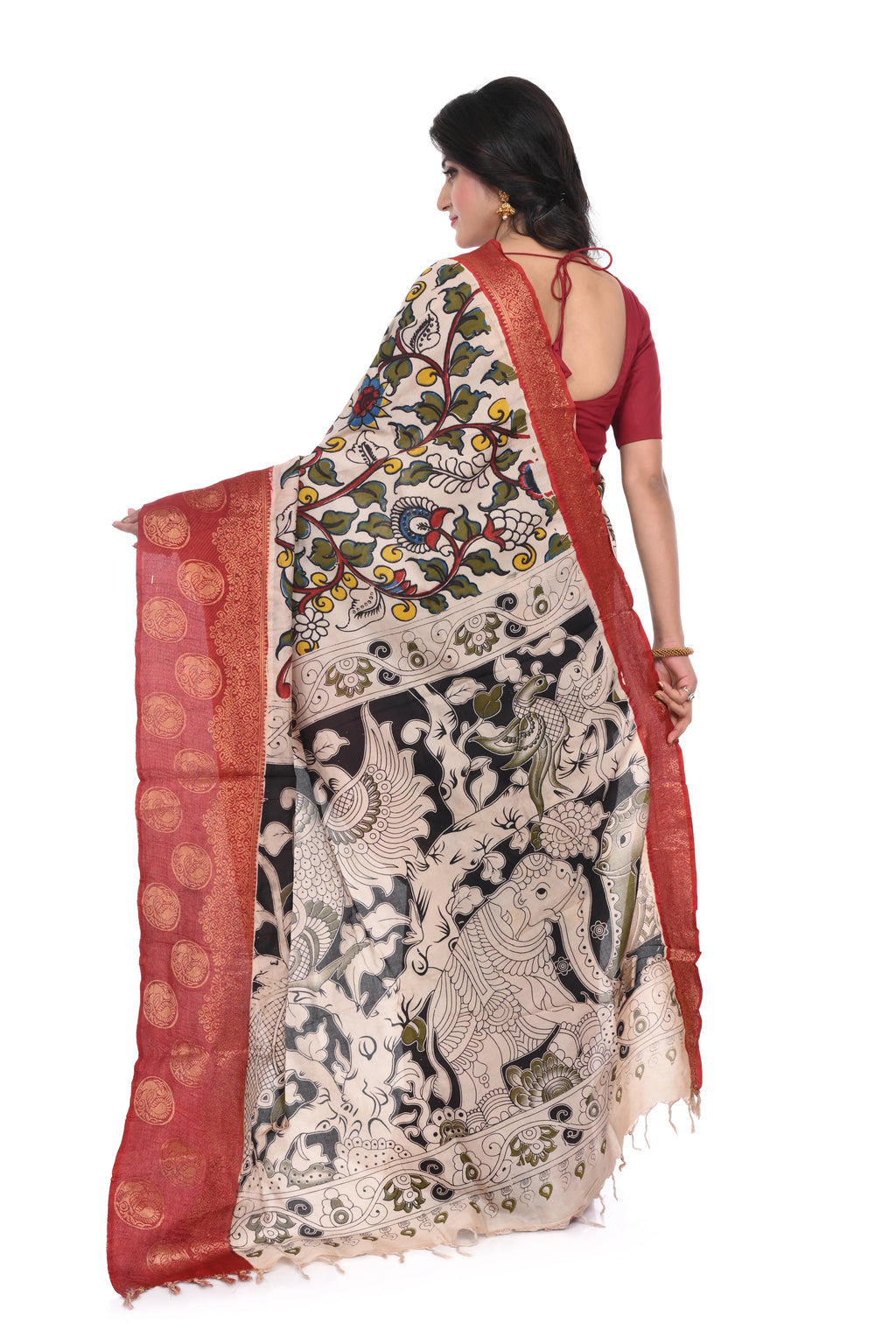 Red Kalamkari Print Saree with Nandi Print Zari Border on Nellore Silk
