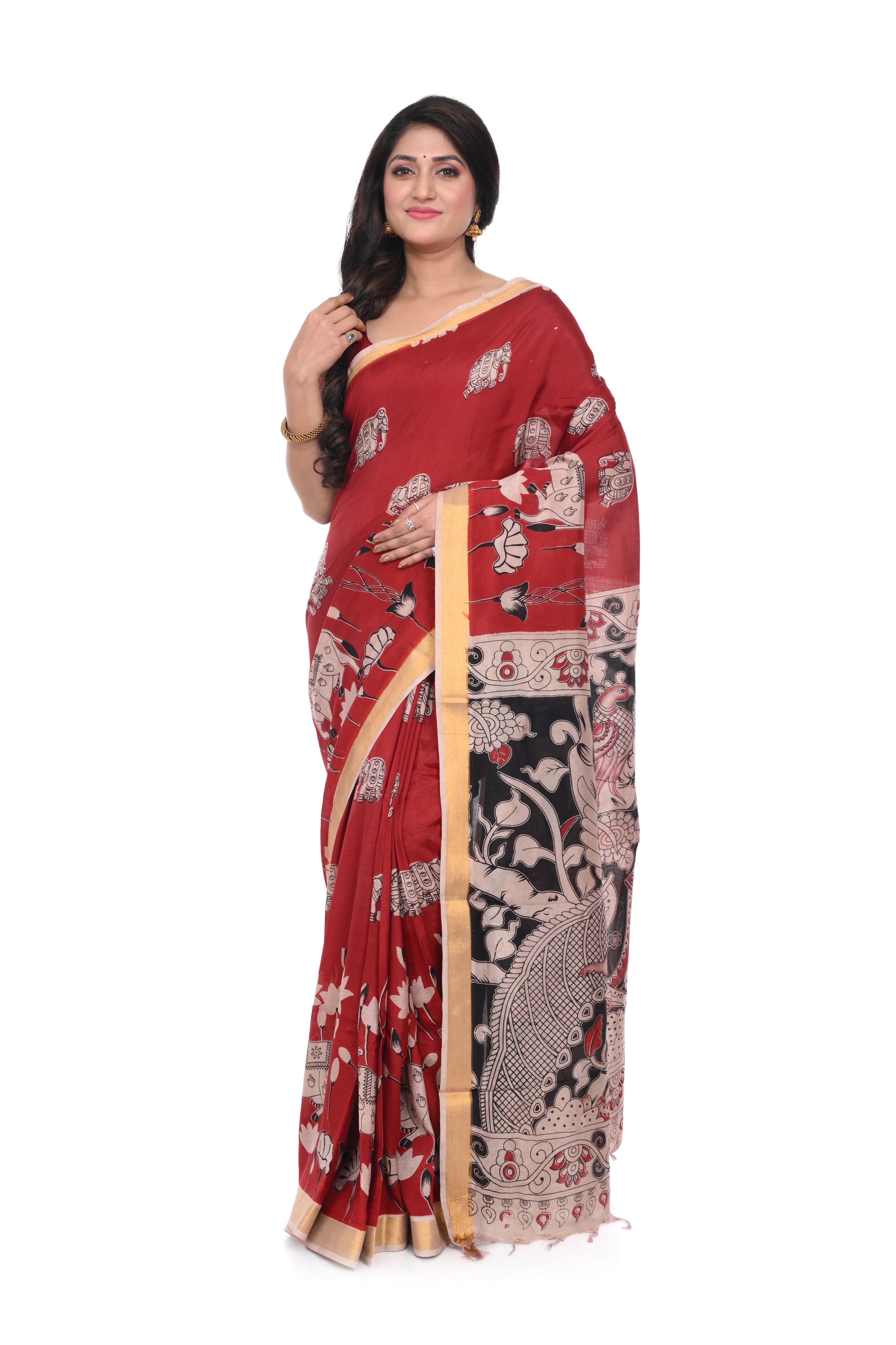 Red Zari Border Kalamkari Print Saree on Nellore Silk
