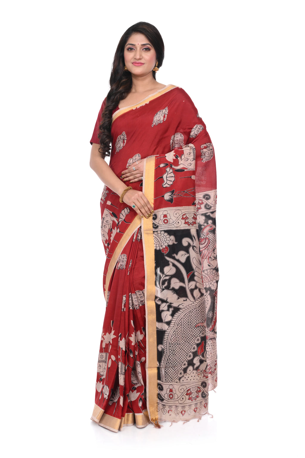Red Zari Border Kalamkari Print Saree on Nellore Silk
