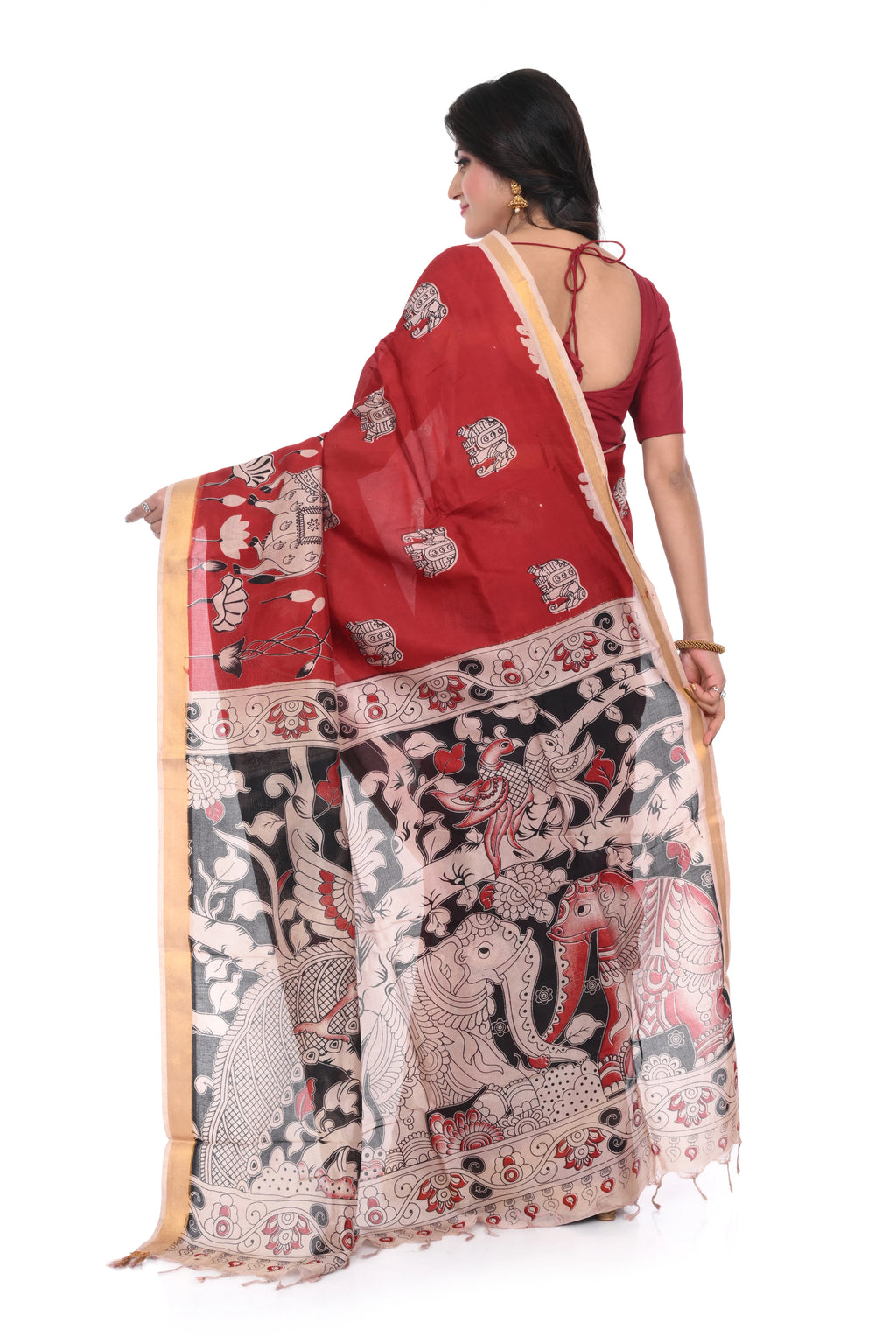 Red Zari Border Kalamkari Print Saree on Nellore Silk