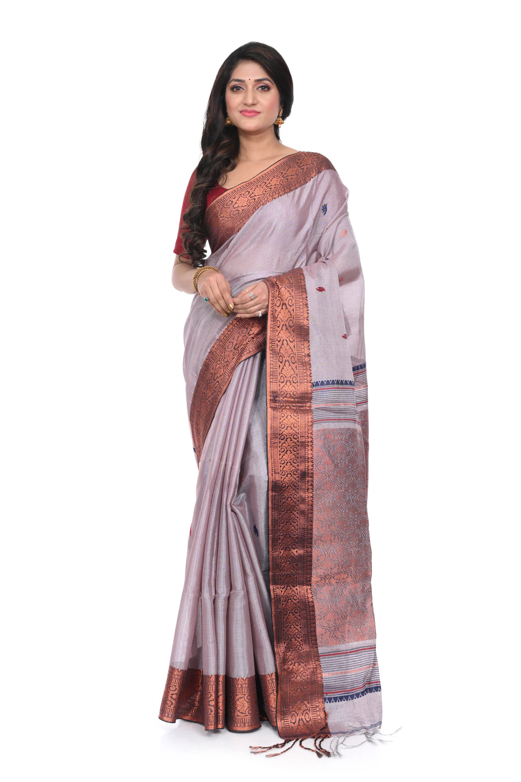 Silver Colour Copper Border Saree on Zari Tissue Saree