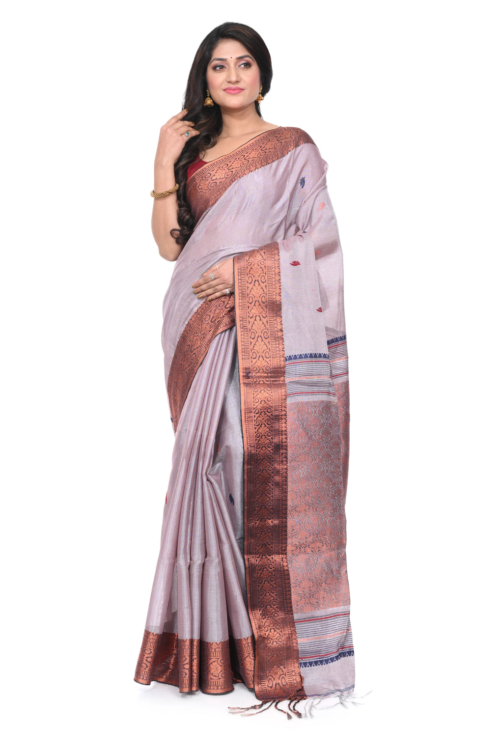 Silver Colour Copper Border Saree on Zari Tissue Saree