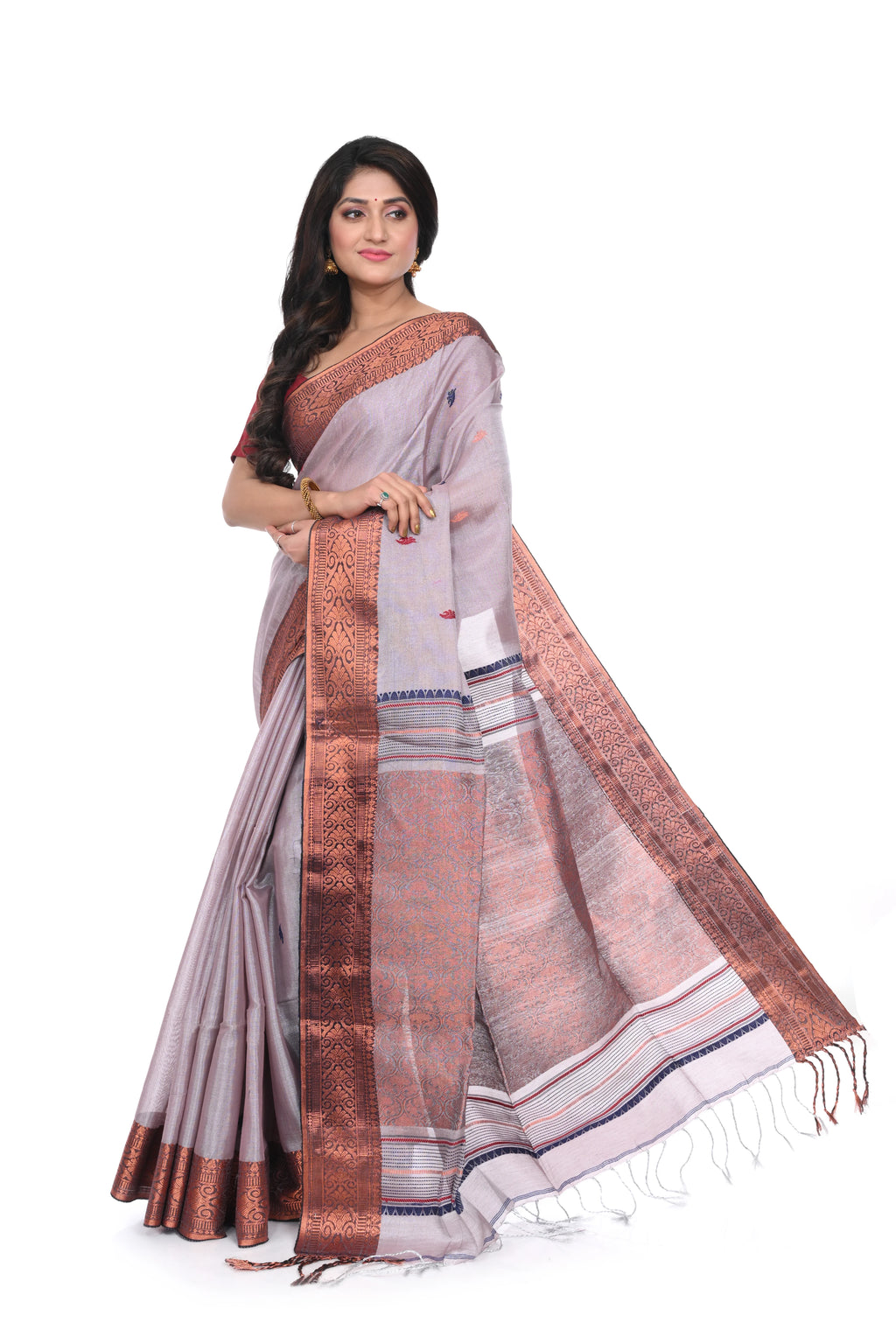 Silver Colour Copper Border Saree on Zari Tissue Saree