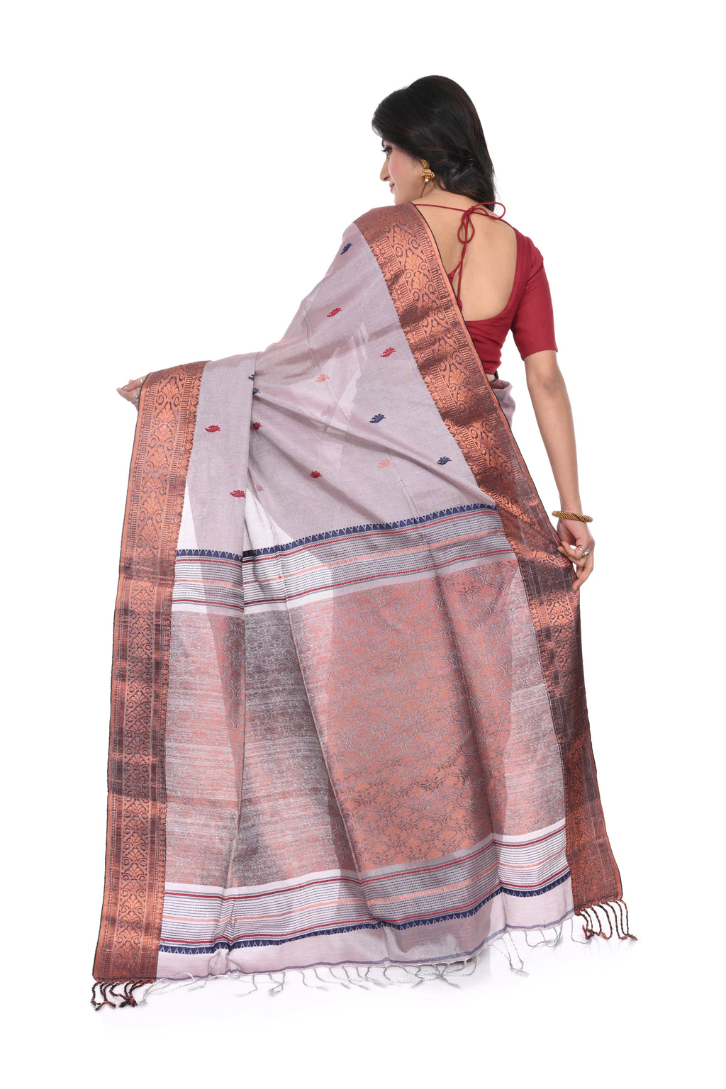 Silver Colour Copper Border Saree on Zari Tissue Saree