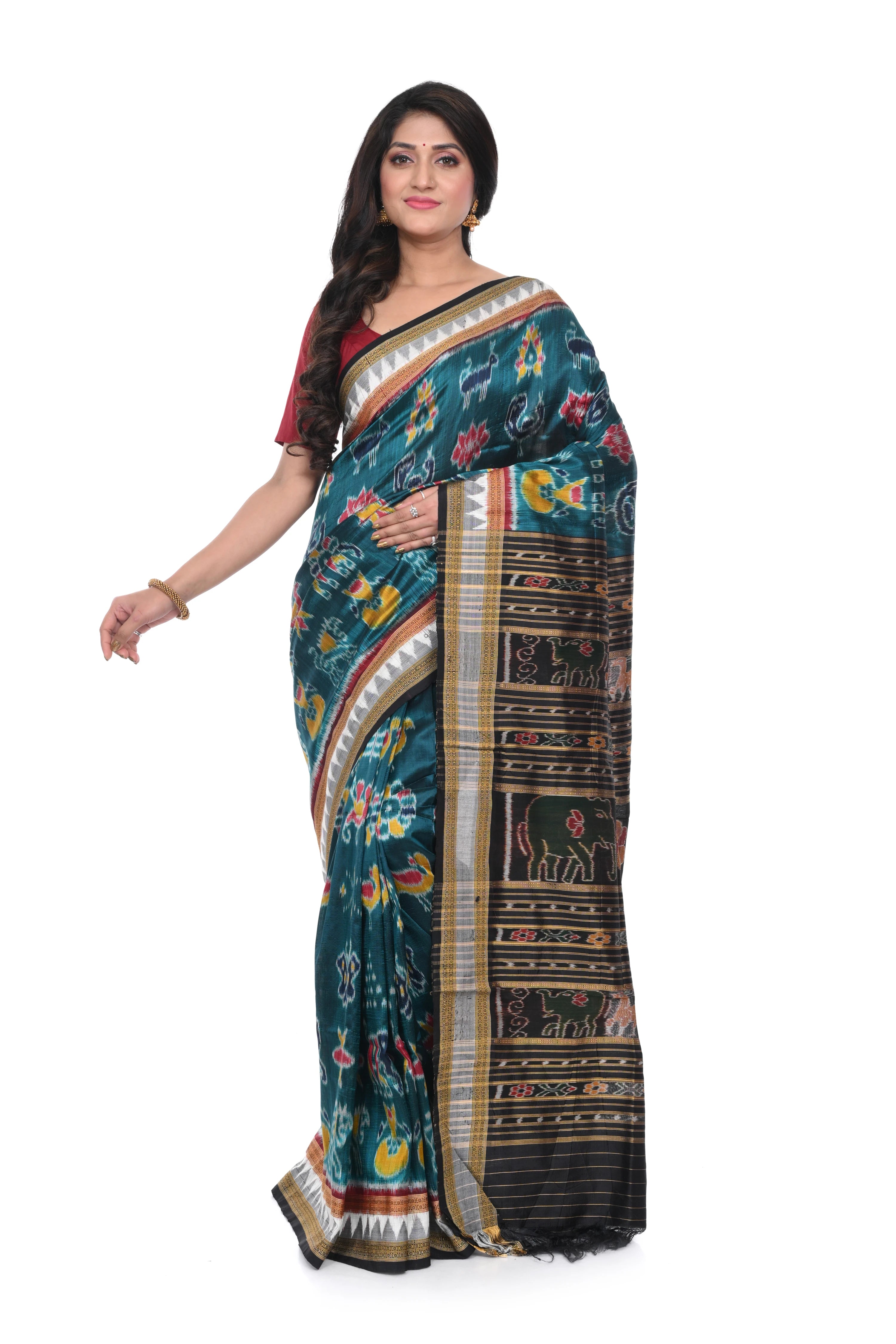 Khandua Silk Nabakothi Saree with Ramagreen Base and Multi Coloured Border and Animal Anchal